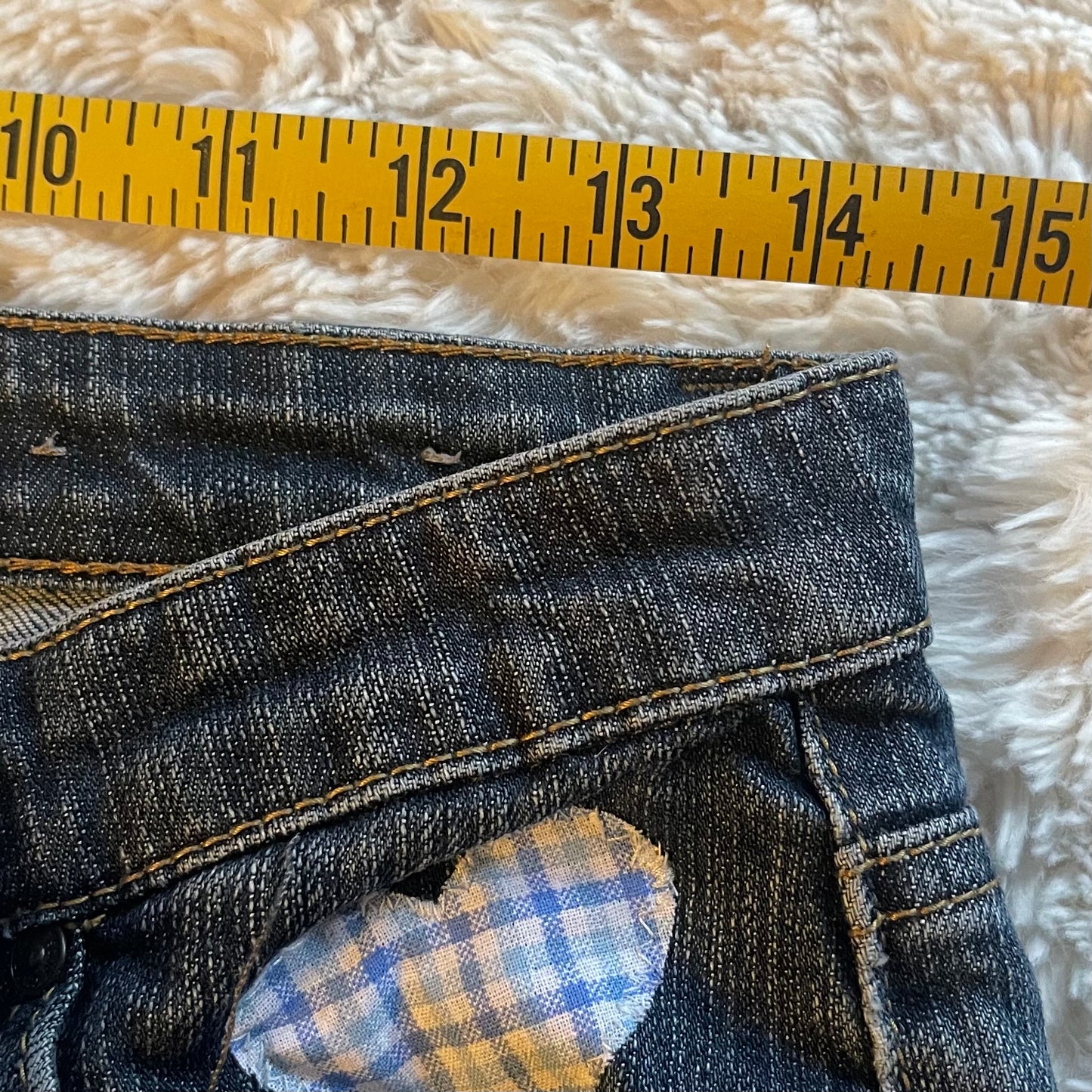 ąØą§ reworked OOAK vintage micro mini denim skirt with gingham baby blue trim, heart patch and bow details