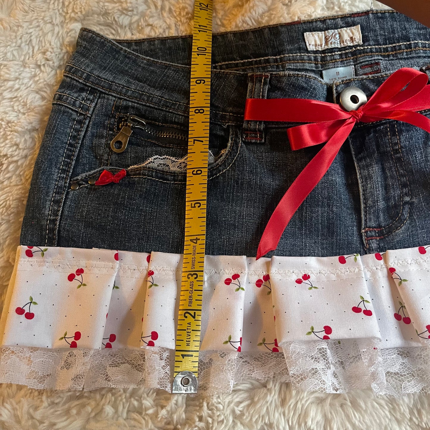 ୨୧ reworked OOAK y2k cherry bomb princess vintage mini denim skirt cherry charm, lace trim, lace & bows