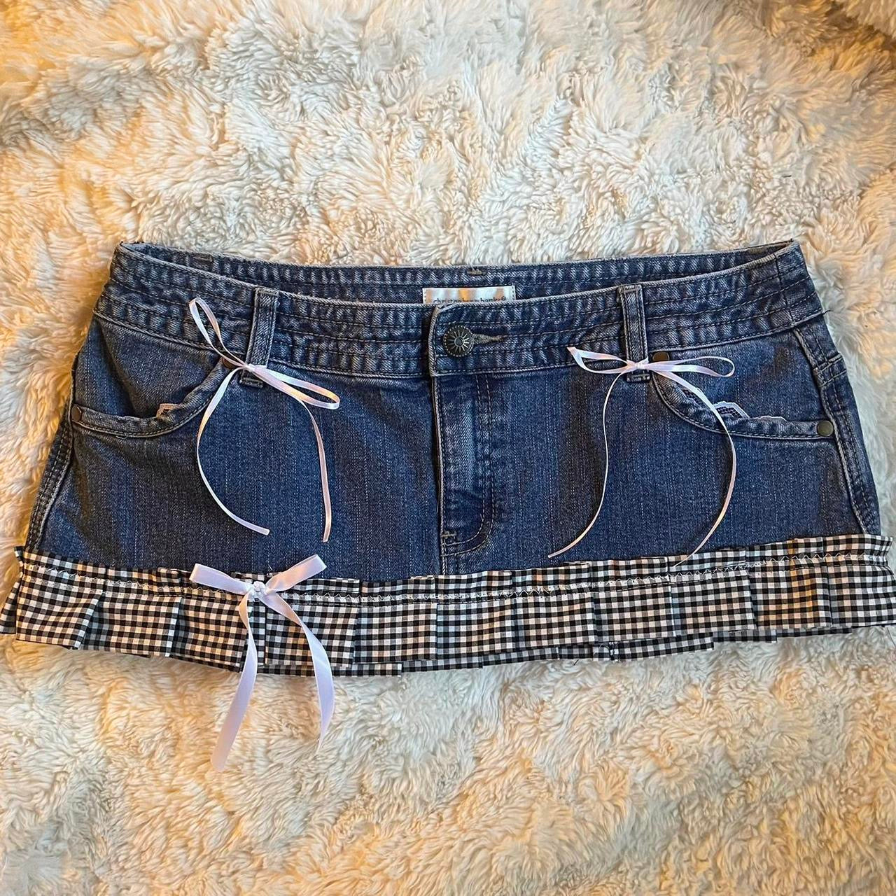 ୨୧ reworked OOAK vintage micro mini denim skirt with trim and bow details