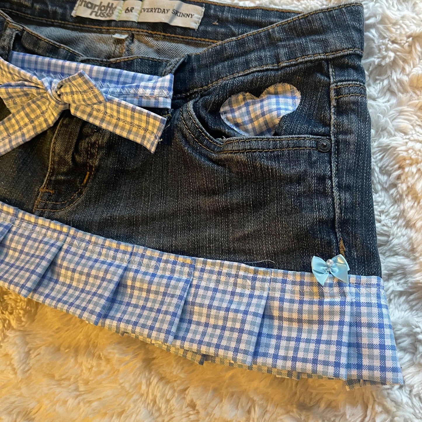 ąØą§ reworked OOAK vintage micro mini denim skirt with gingham baby blue trim, heart patch and bow details