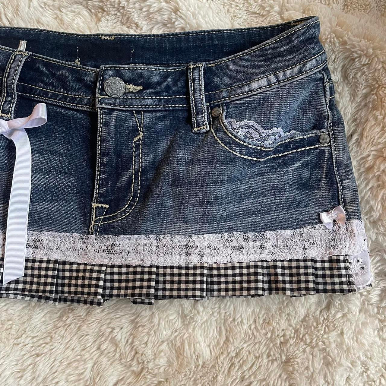 ୨୧ reworked OOAK vintage princess micro mini denim skirt with trim and bow details