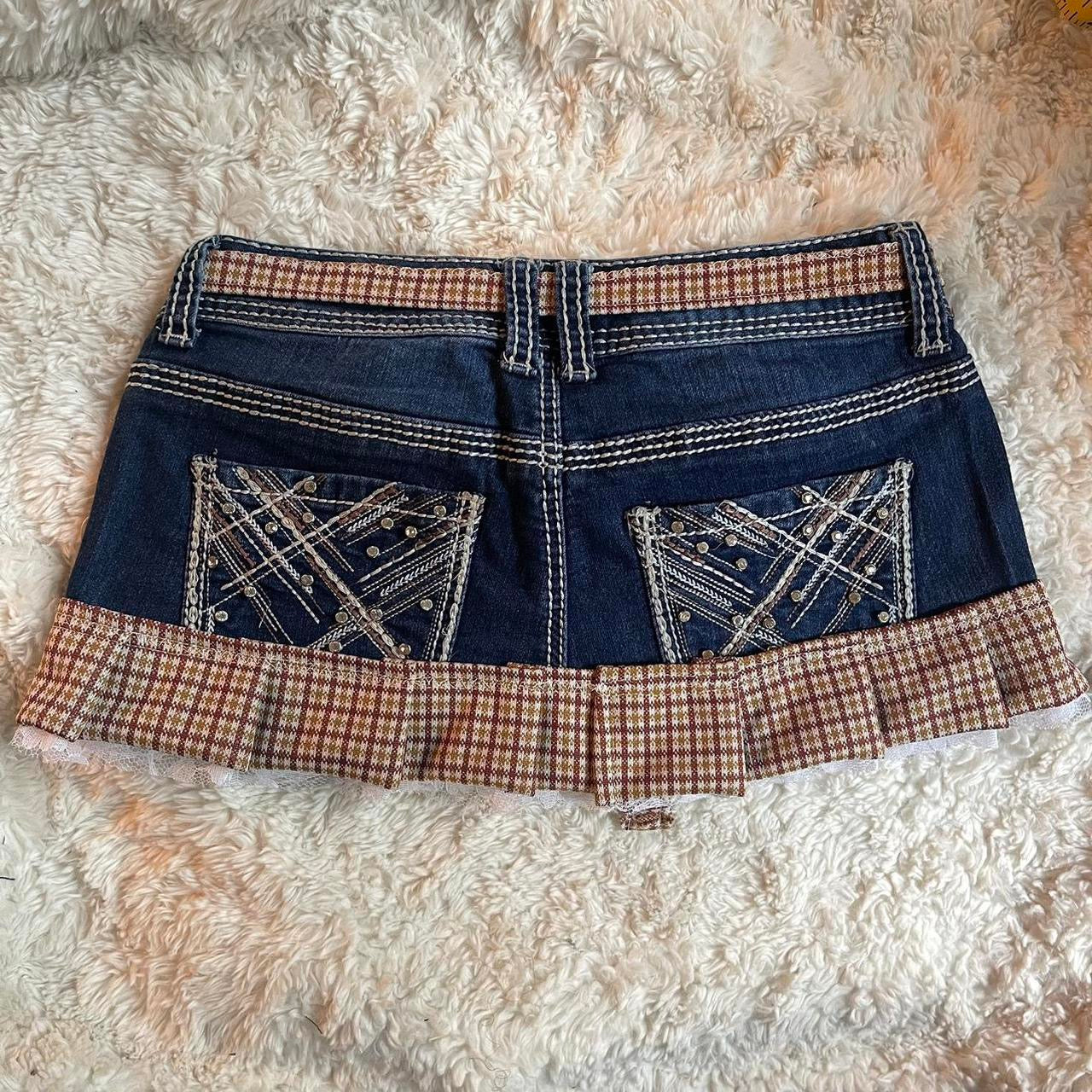 ୨୧ reworked OOAK vintage 70s brooklyn baby princess micro mini denim skirt with rhinestones, contrast stitching, trim, lace and bows