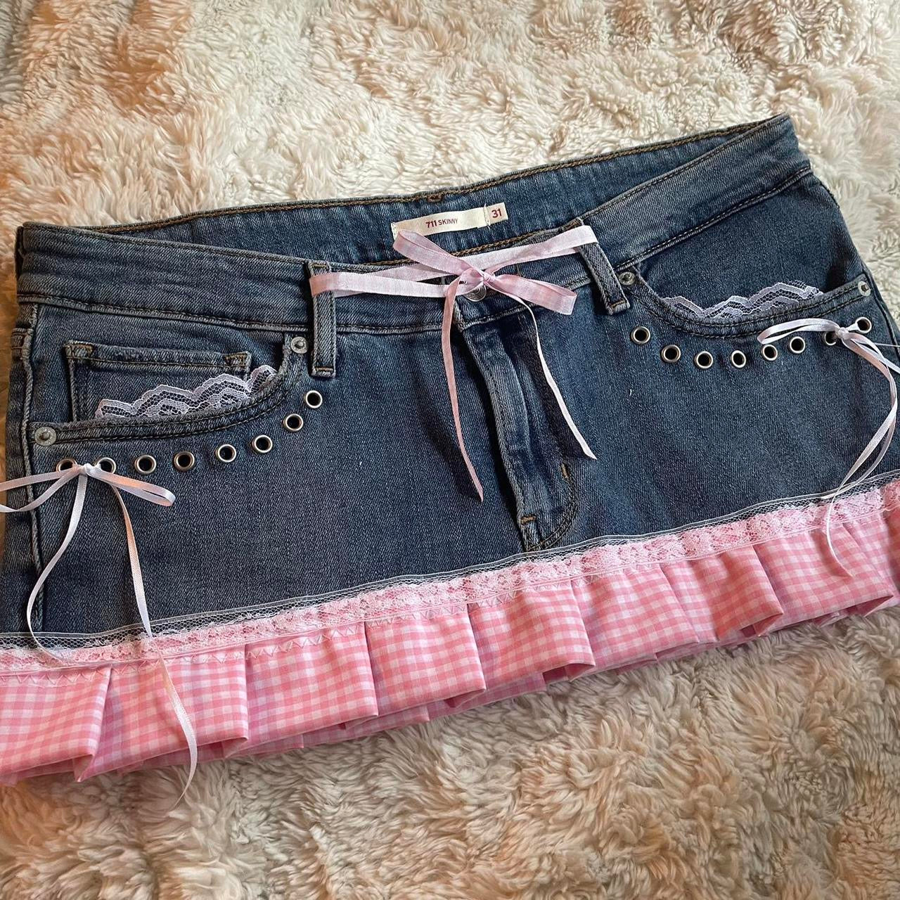 reworked y2k OOAK vintage micro mini denim skirt with gingham trim and baby pink bow details