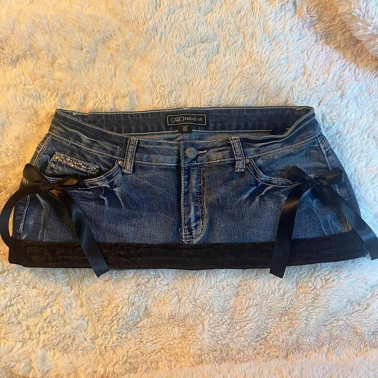 ୨୧ reworked OOAK 2000s extreme denim micro mini skirt with rhinestones, black fuzzy crushed velvet trim & black bows