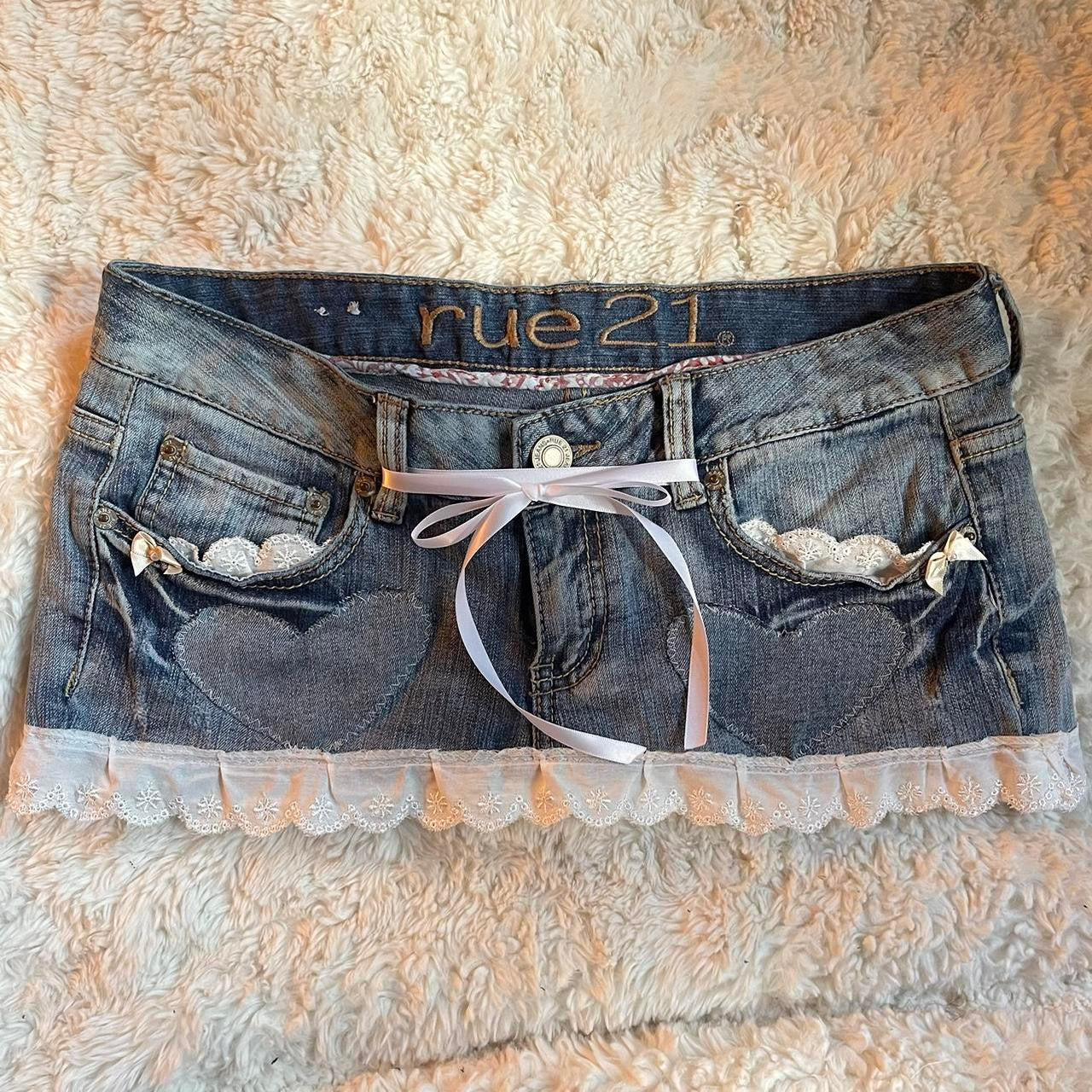 reworked OOAK 2000s "Sweetheart" denim micro mini skirt with heart patches, ruffles & ribbons ୨୧
