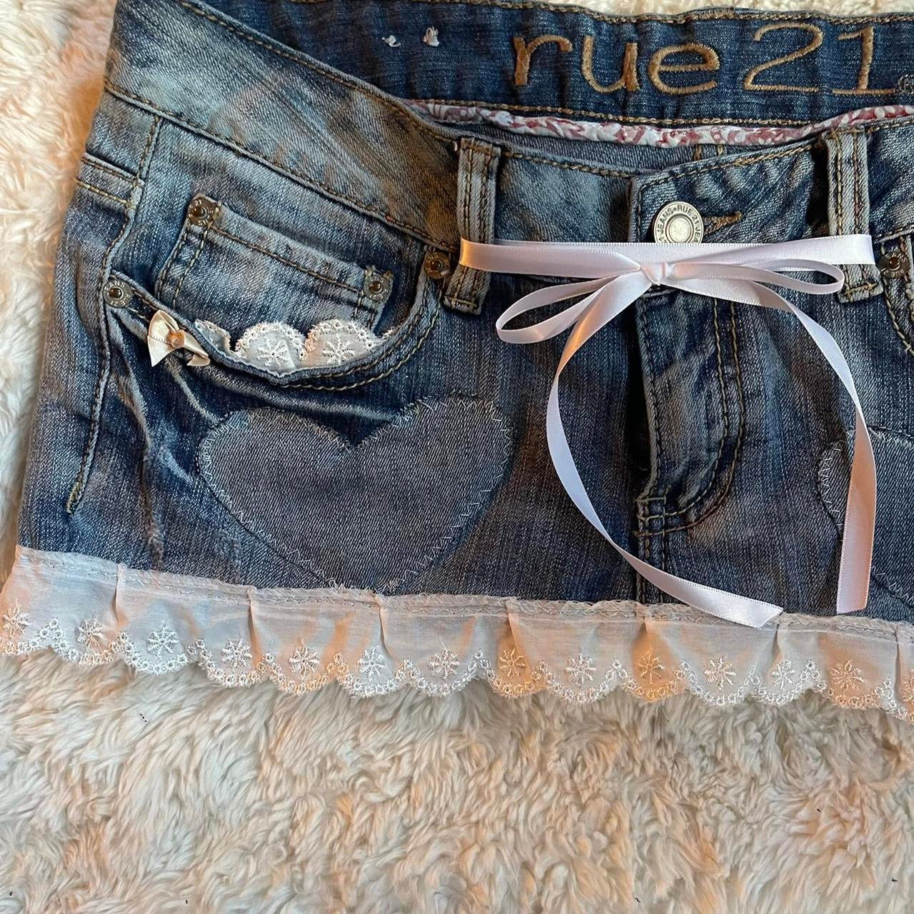 reworked OOAK 2000s "Sweetheart" denim micro mini skirt with heart patches, ruffles & ribbons ୨୧