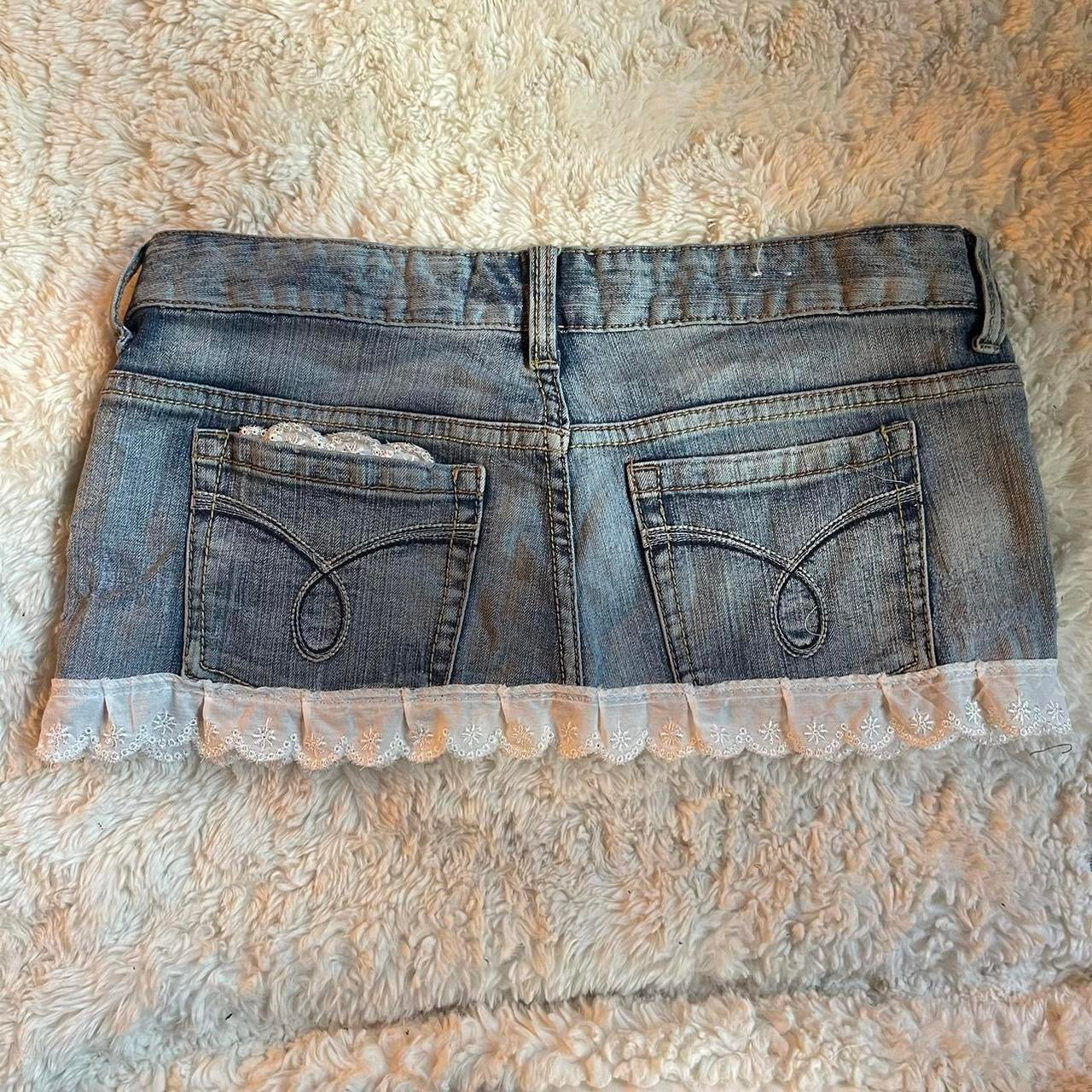 reworked OOAK 2000s "Sweetheart" denim micro mini skirt with heart patches, ruffles & ribbons ୨୧