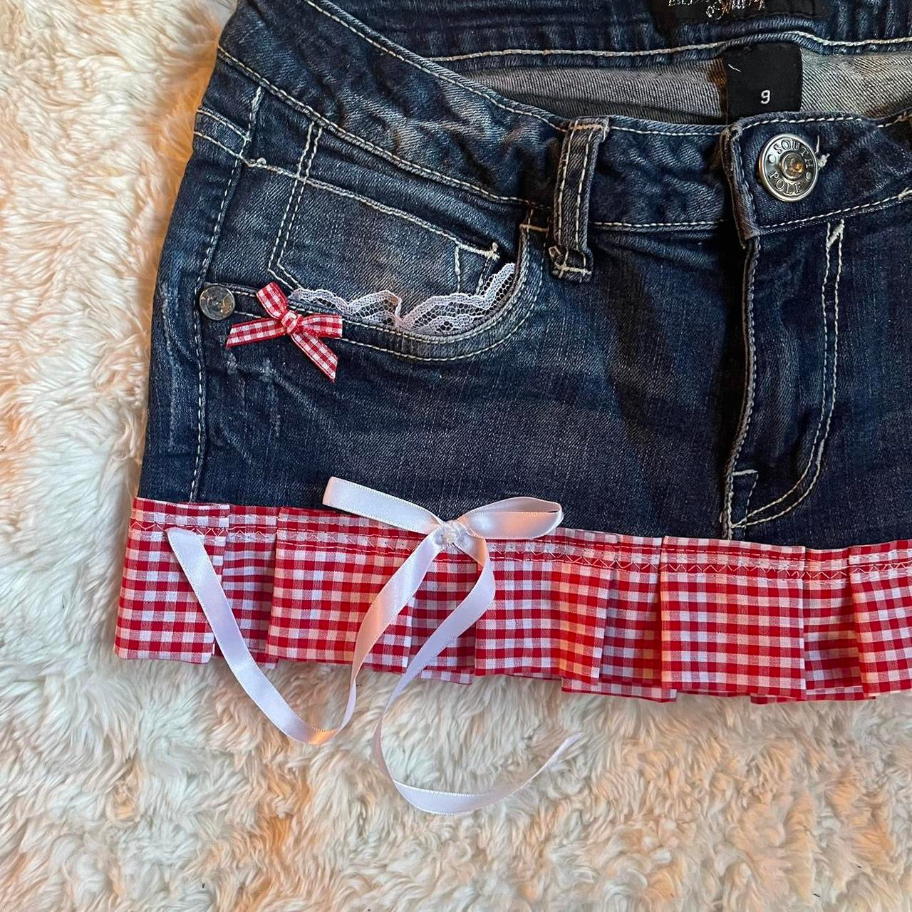 ୨୧ reworked OOAK y2k vintage mini denim skirt with red gingham pleats, lace & bows