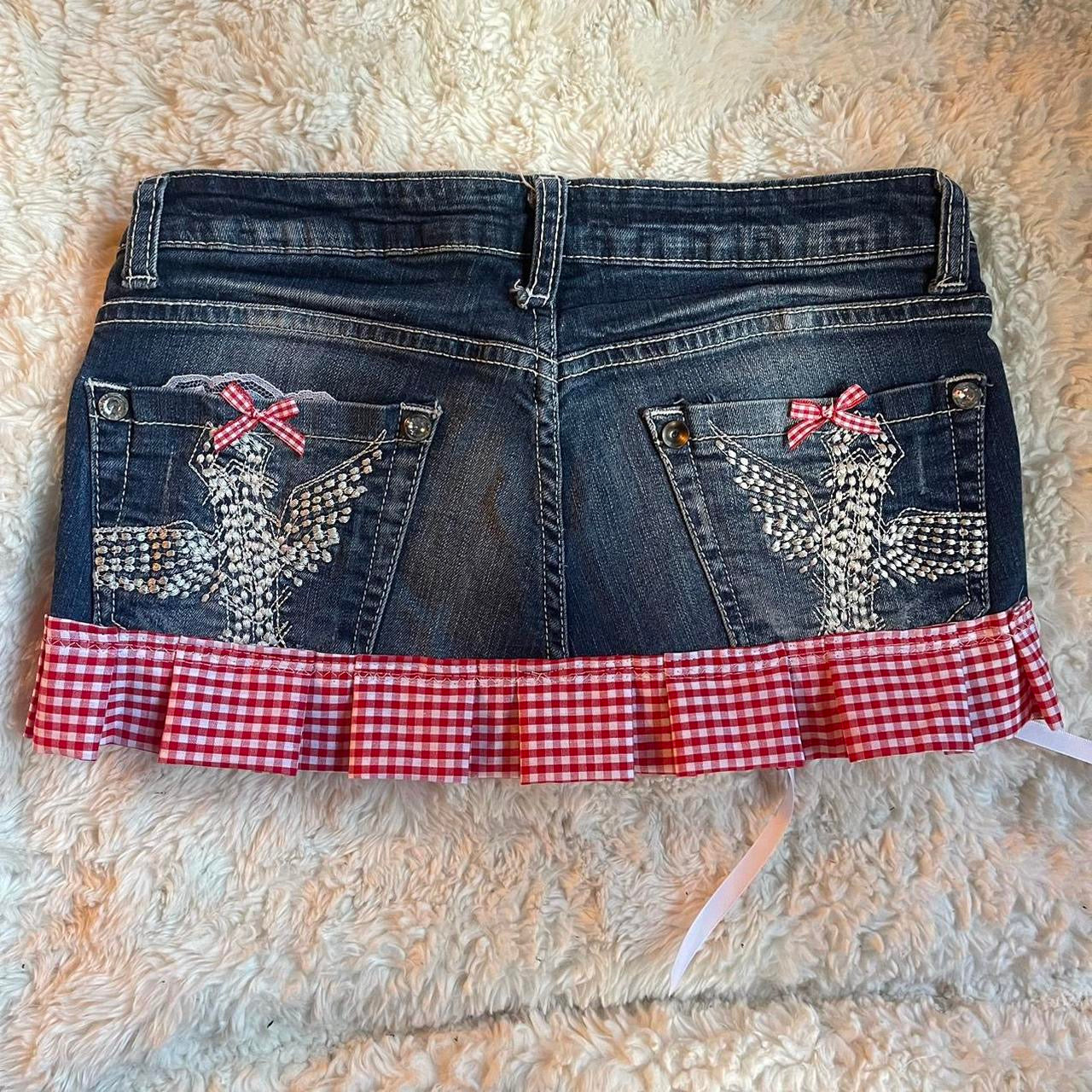 ୨୧ reworked OOAK y2k vintage mini denim skirt with red gingham pleats, lace & bows