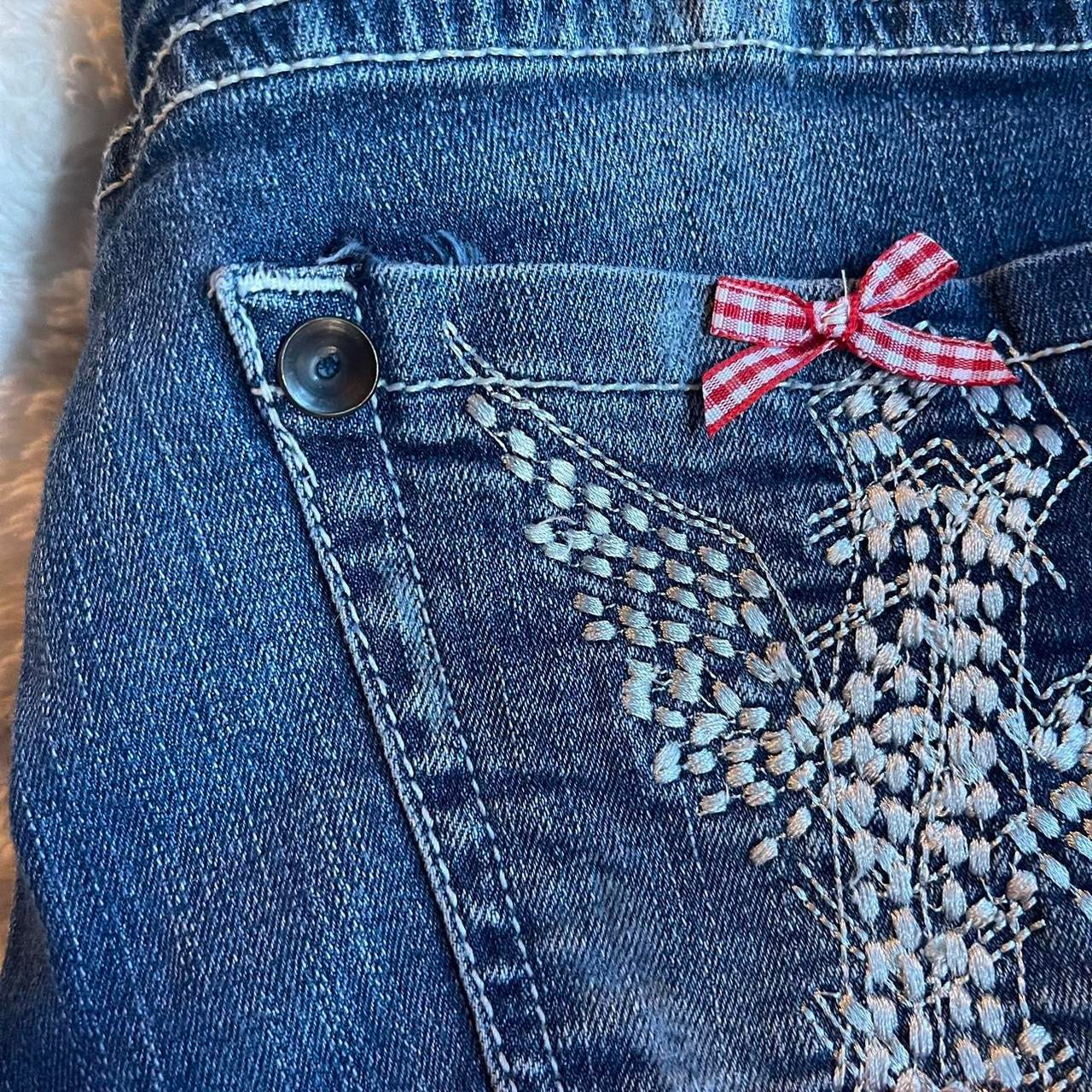 ୨୧ reworked OOAK y2k vintage mini denim skirt with red gingham pleats, lace & bows