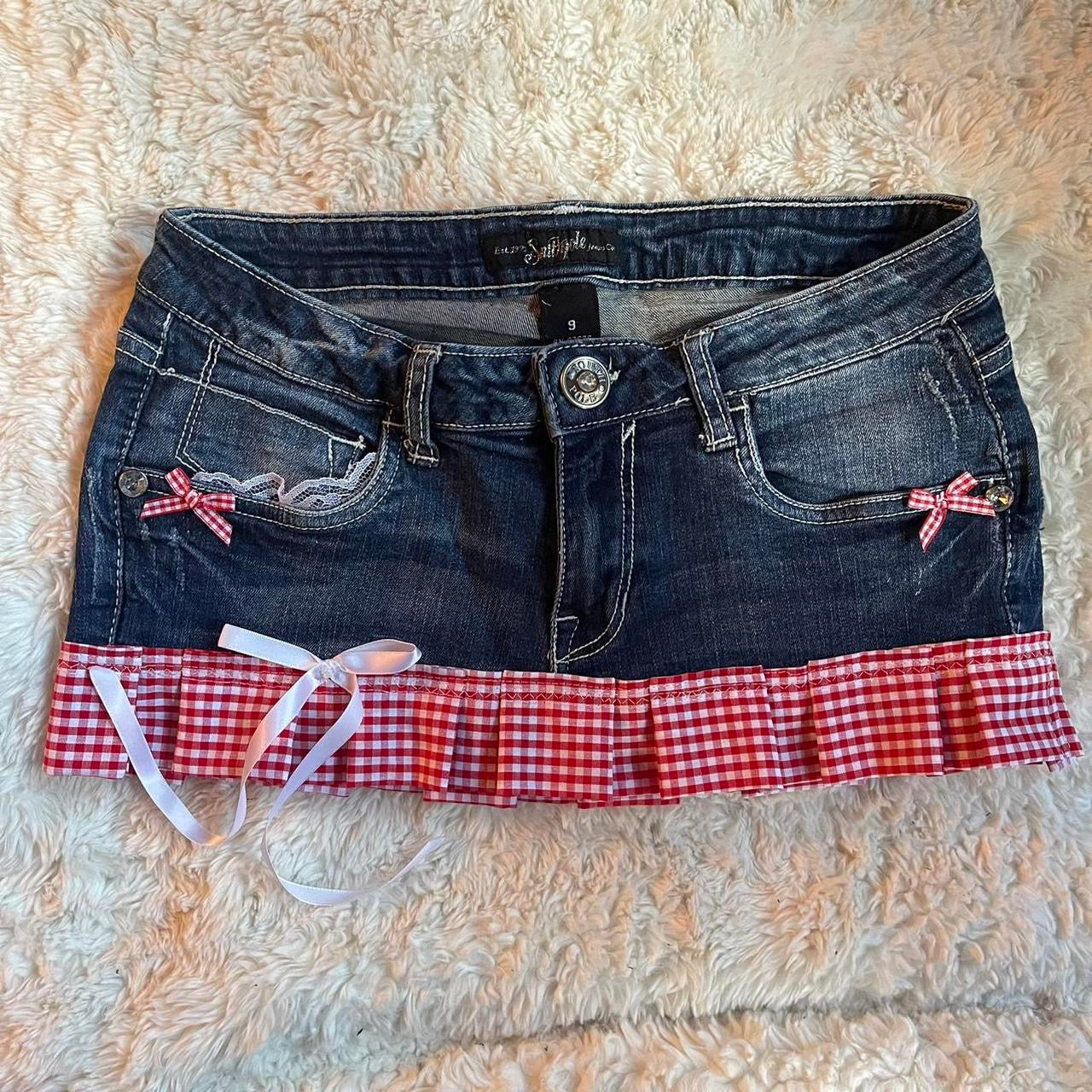 ୨୧ reworked OOAK y2k vintage mini denim skirt with red gingham pleats, lace & bows