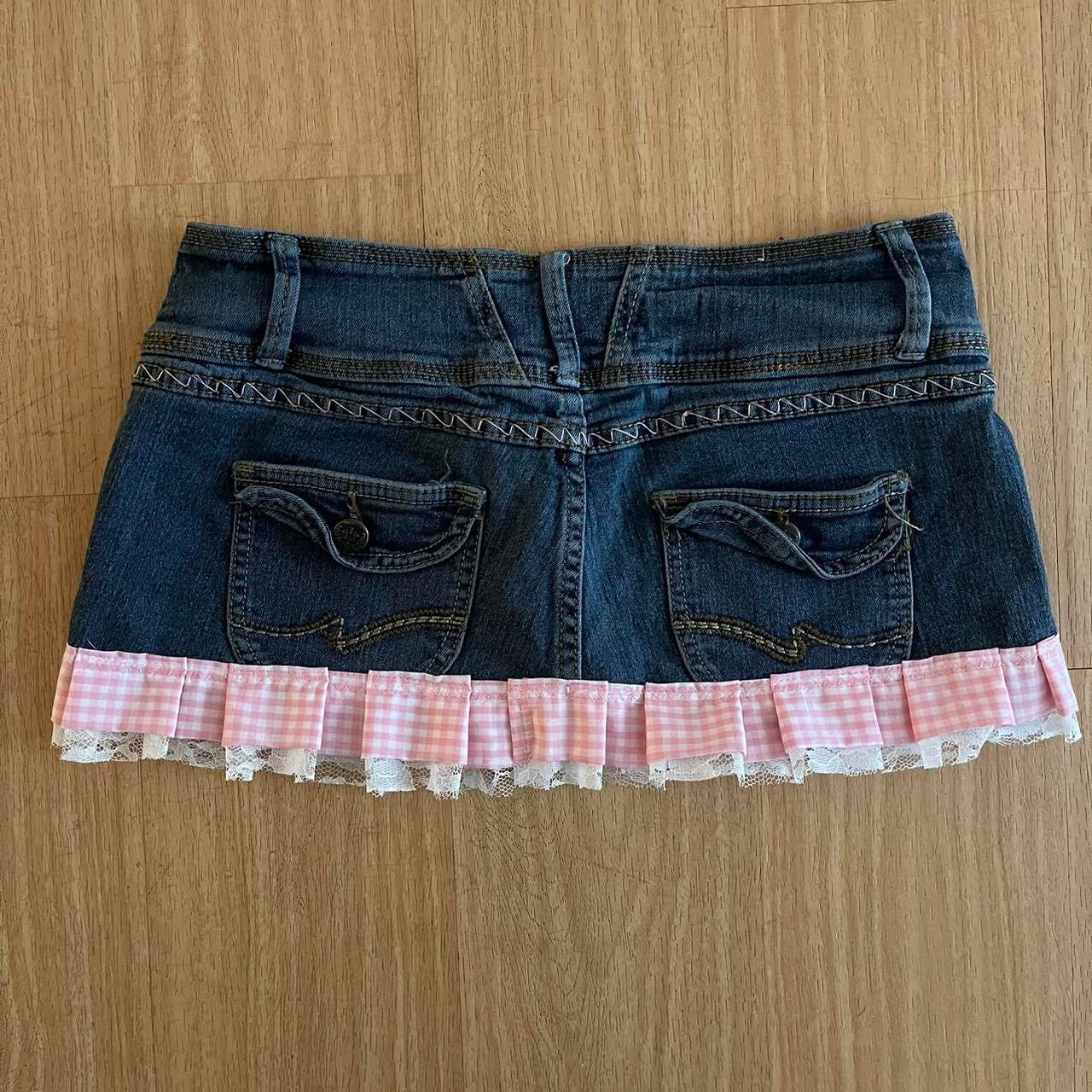 ୨୧ reworked OOAK vintage 2000s triple button micro mini denim skirt with trim and baby pink bow details