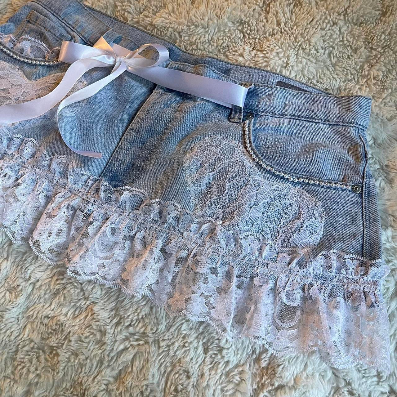 ୨୧ reworked OOAK 2000s sweetheart light wash mini skirt with hand sewn pearls, lace trim & white bows