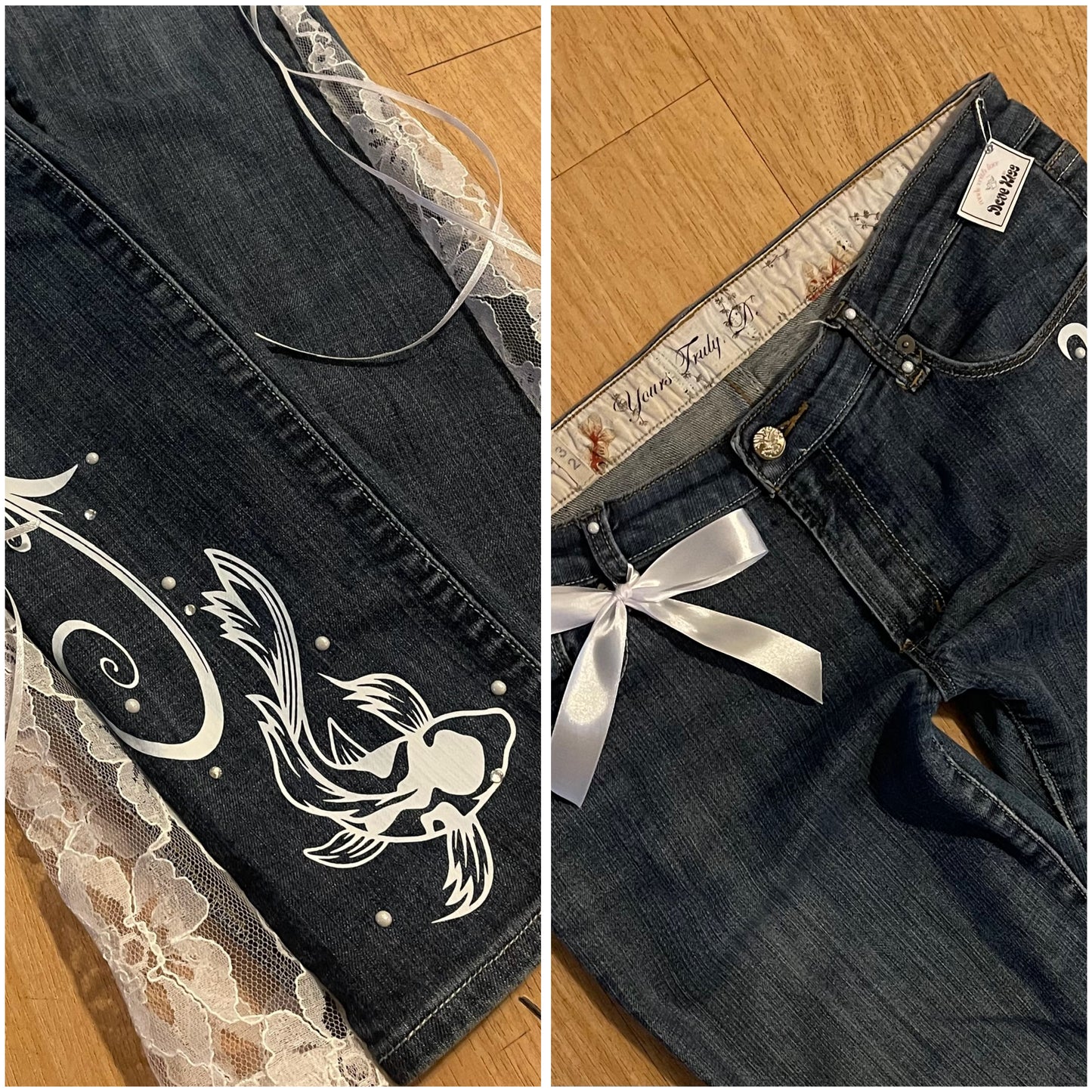 “Lace & Koi Tide” 2000s OOAK flare jeans
