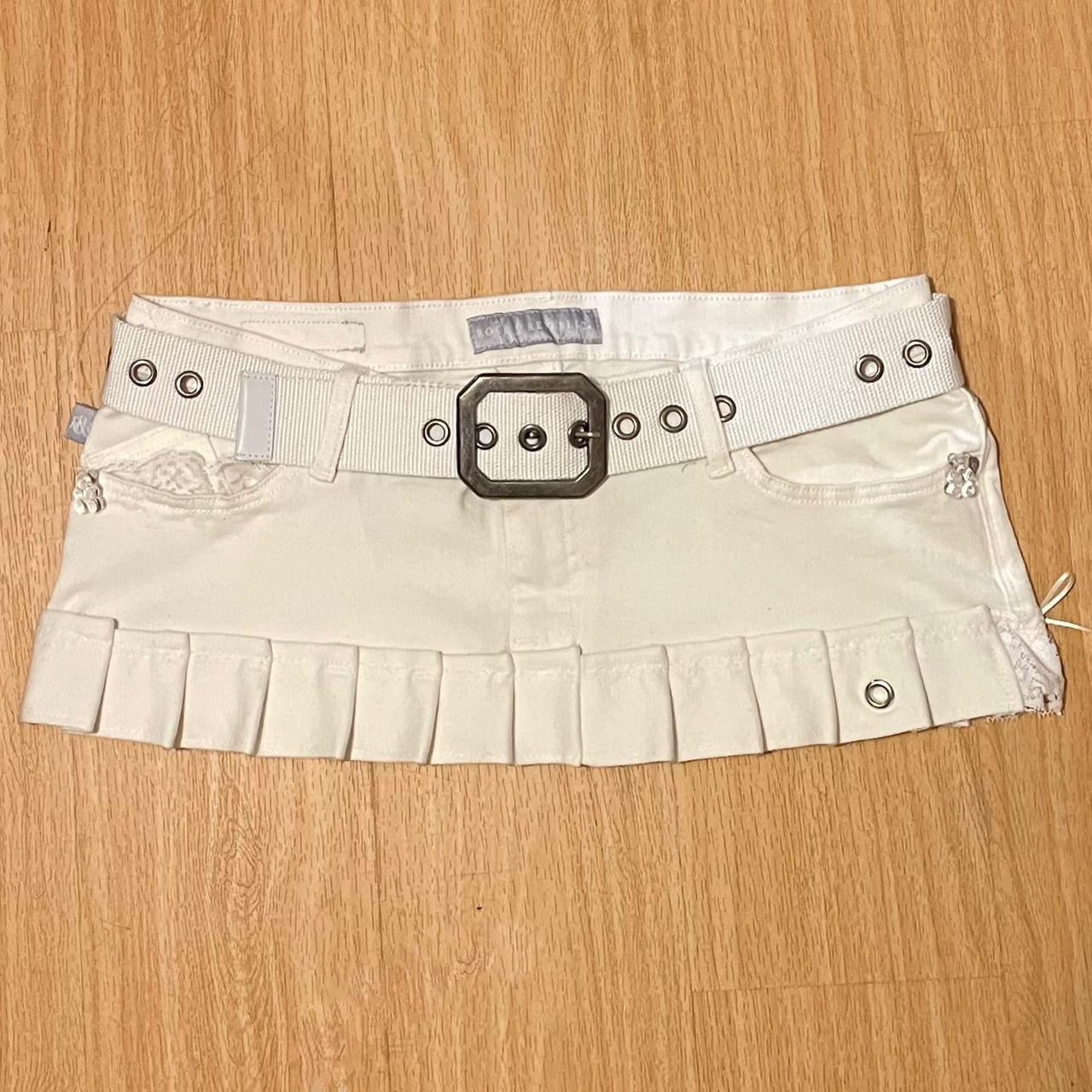 ୨୧ reworked ooak 2000s snow angel princess extreme denim micro mini skirt with ice clear teddy charms, lace trim, rhinestones, y2k grommet belt , & white bows