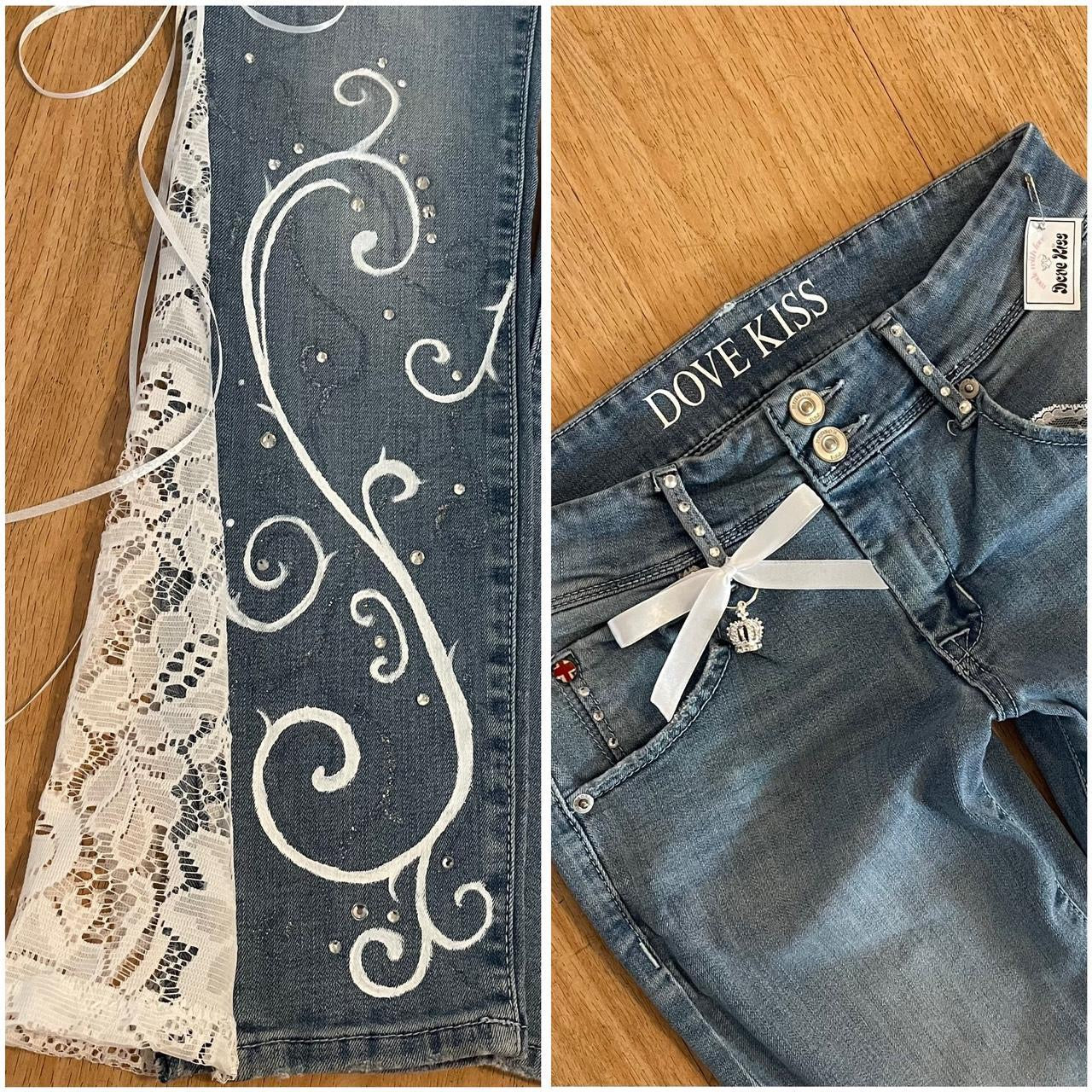 ୨୧ “𝑽𝒂𝒍𝒊𝒂” by Dove Kiss 2000s OOAK white ribbon flare jeans