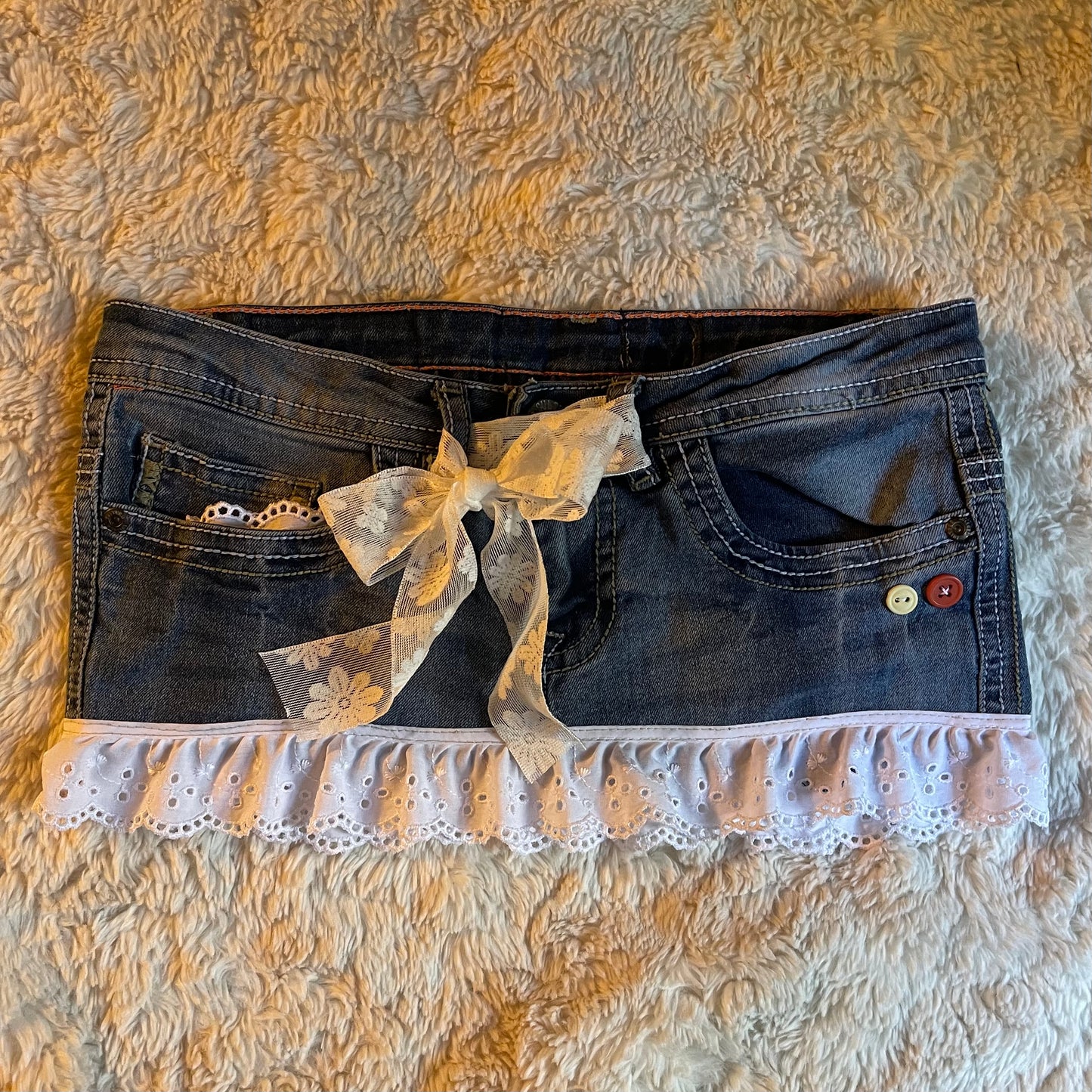 reworked OOAK 2000s coquette milkmaid princess denim micro mini skirt with ruffles & ribbons ୨୧