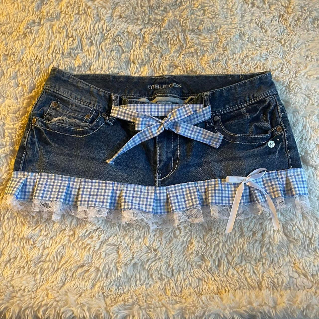 ୨୧ reworked OOAK vintage micro mini denim skirt with gingham baby blue trim, lace ruffles, buttons, and bow details