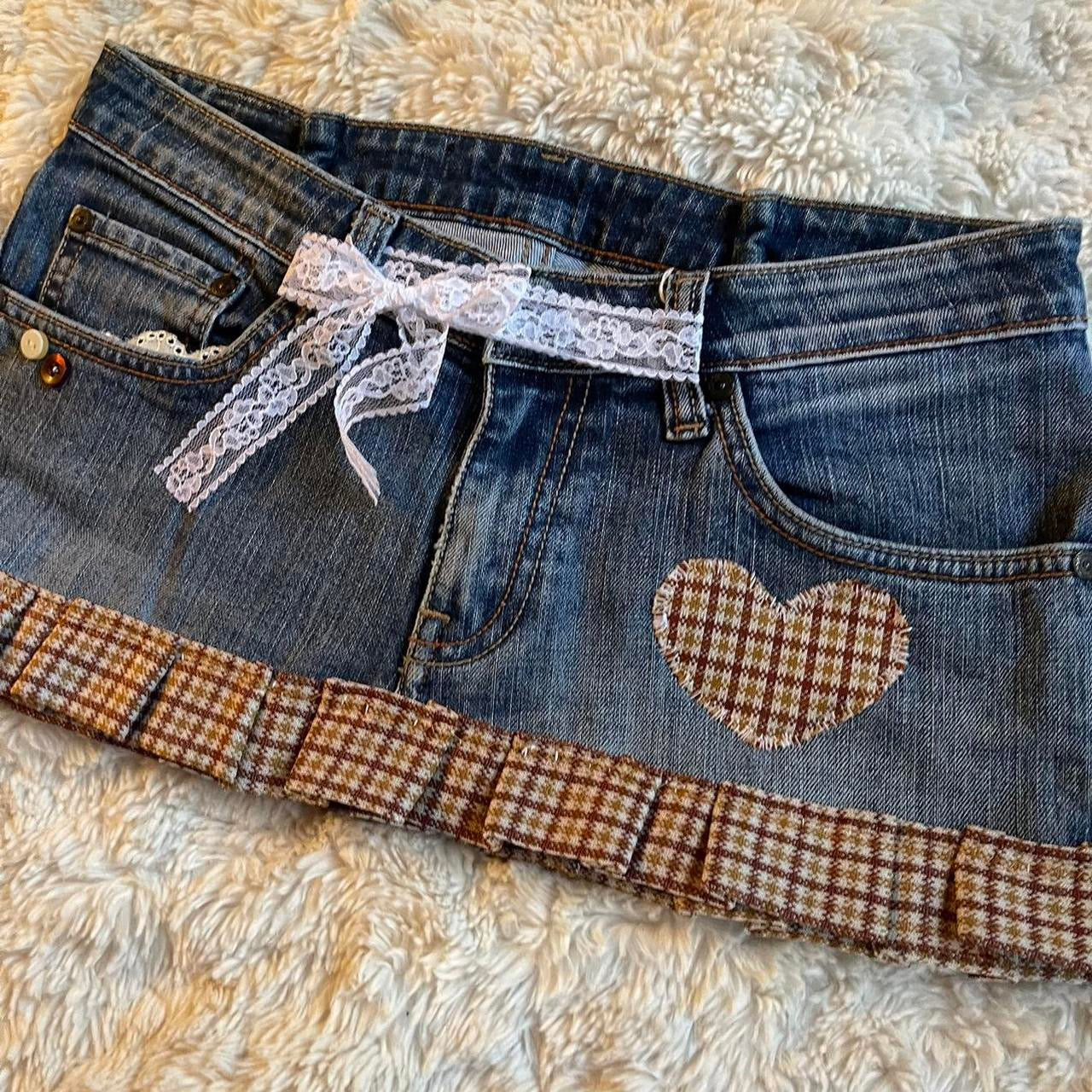 ୨୧ reworked OOAK vintage 70s brooklyn baby sweetheart micro mini denim skirt with buttons, heart patch, plaid trim, lace tie, lace and bows