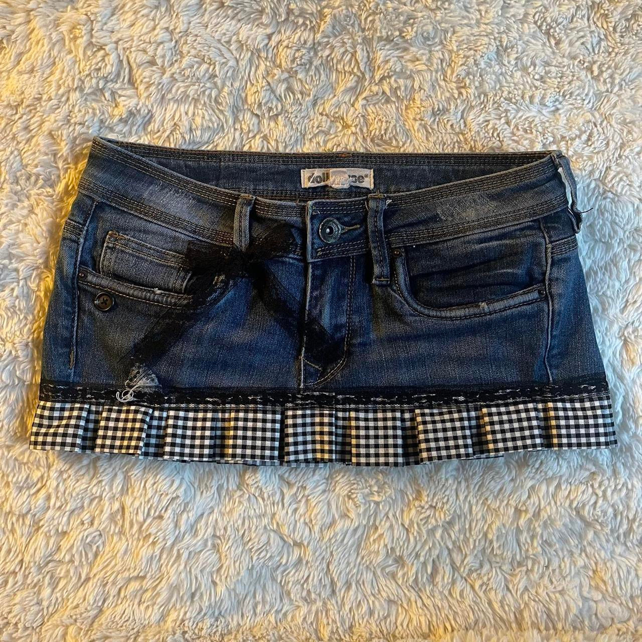 ୨୧ reworked OOAK vintage micro mini denim skirt with trim and bow details