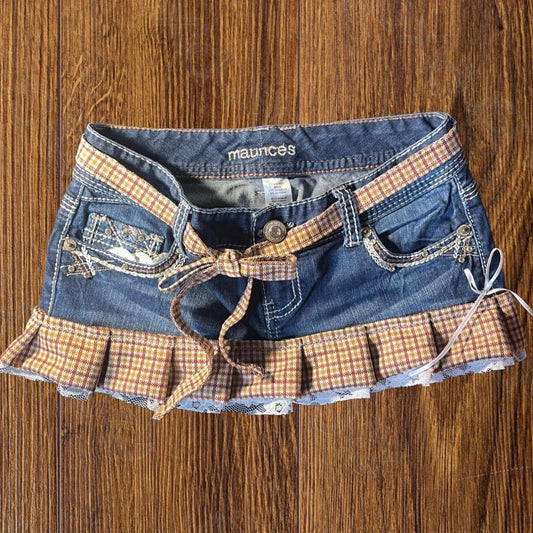 ୨୧ reworked OOAK vintage 70s brooklyn baby princess micro mini denim skirt with rhinestones, contrast stitching, trim, lace and bows