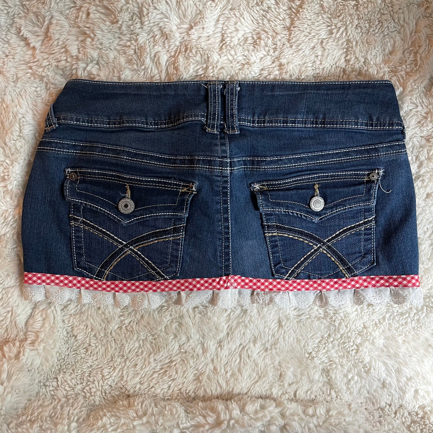 ୨୧ reworked OOAK vintage micro mini denim skirt with lace trim, contrast stitching and bow details