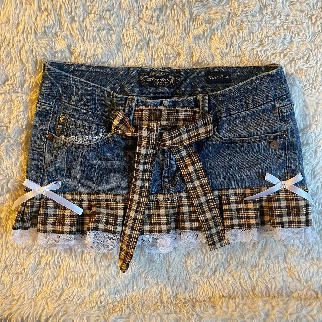 ୨୧ reworked OOAK vintage 70s brooklyn baby princess micro mini denim skirt with trim, lace and bows