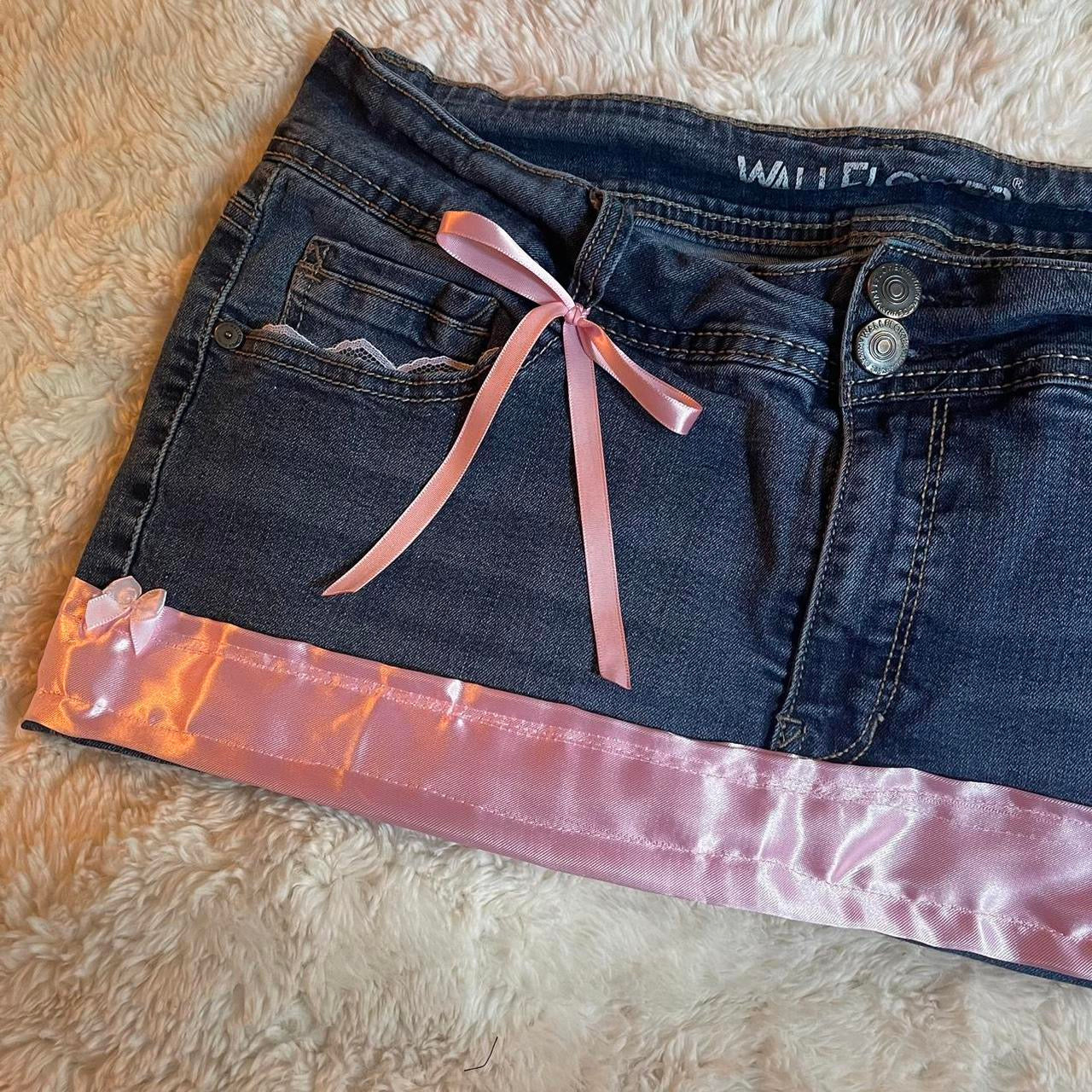୨୧ reworked OOAK bubblegum princess vintage micro mini denim skirt with satin trim and pink bow details