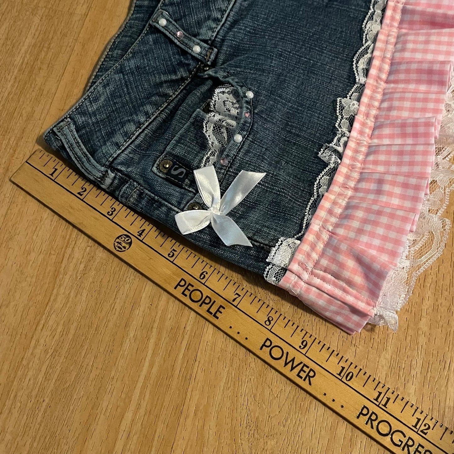 Reworked/Upcycled Diva Country Coquette Mini Skirt (with lace & embellishments)