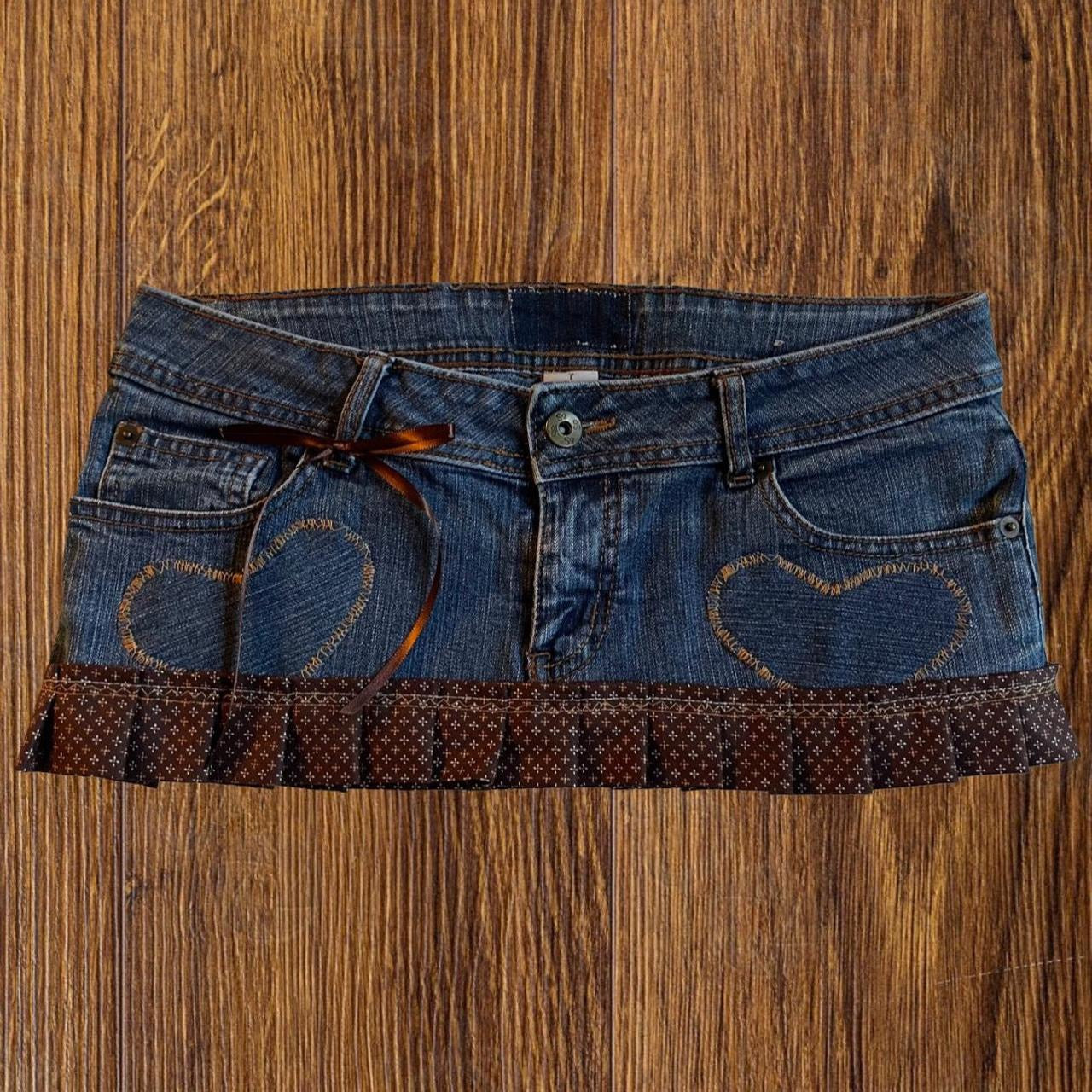 ୨୧ reworked OOAK vintage sweetheart princess micro mini denim skirt with monogram trim, heart patches, lace and bows