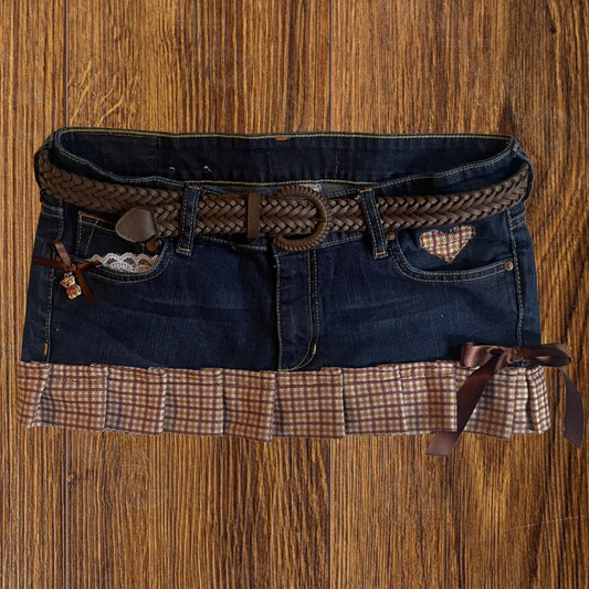 ୨୧ reworked OOAK vintage 70s brooklyn baby princess micro mini denim skirt with teddy charm, plaid trim, woven belt, lace and bows