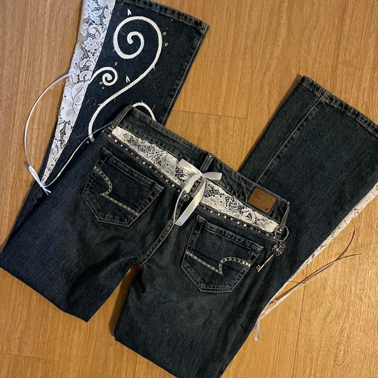 ୨୧ reworked y2k “Valia” by Dove Kiss OOAK white ribbon flare jeans