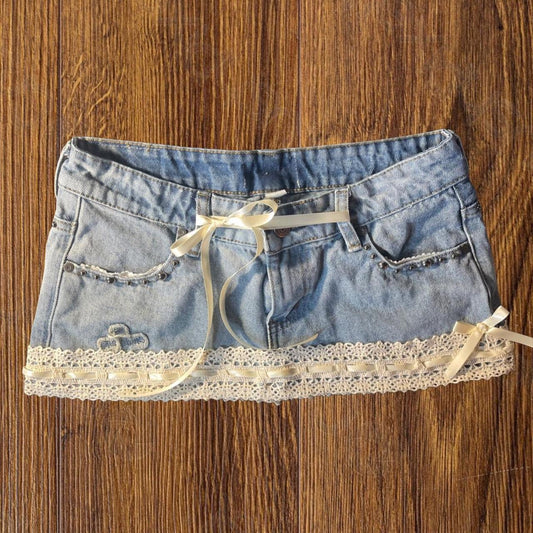 ୨୧ reworked OOAK 2000s princess extreme denim micro light wash mini skirt with tan lace trim & bows