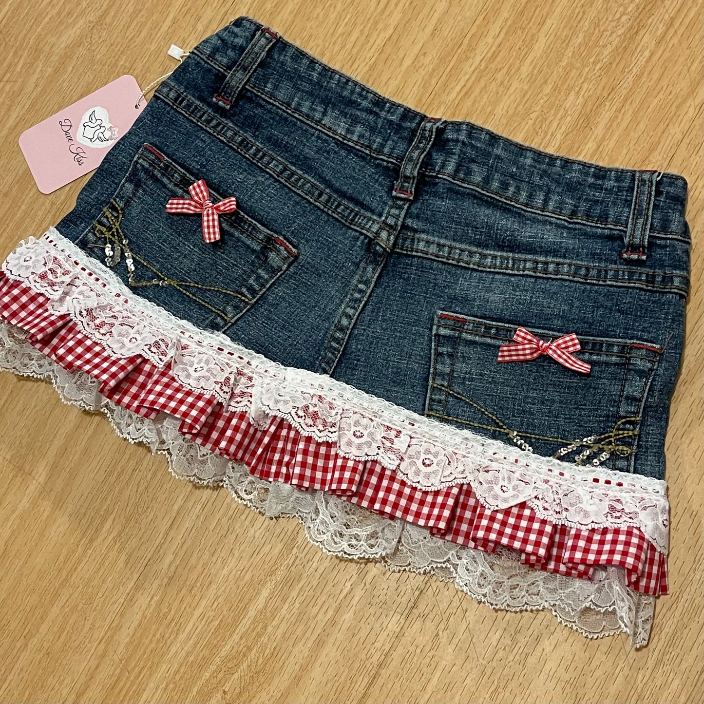 Reworked/Upcycled Diva Country Coquette Mini Skirt (with lace & embellishments)