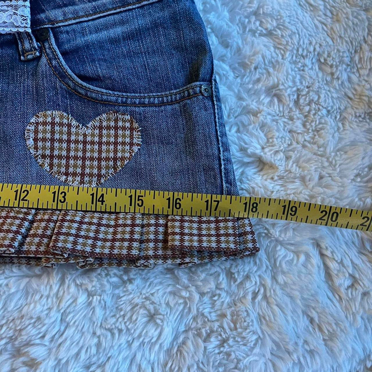 ୨୧ reworked OOAK vintage 70s brooklyn baby sweetheart micro mini denim skirt with buttons, heart patch, plaid trim, lace tie, lace and bows