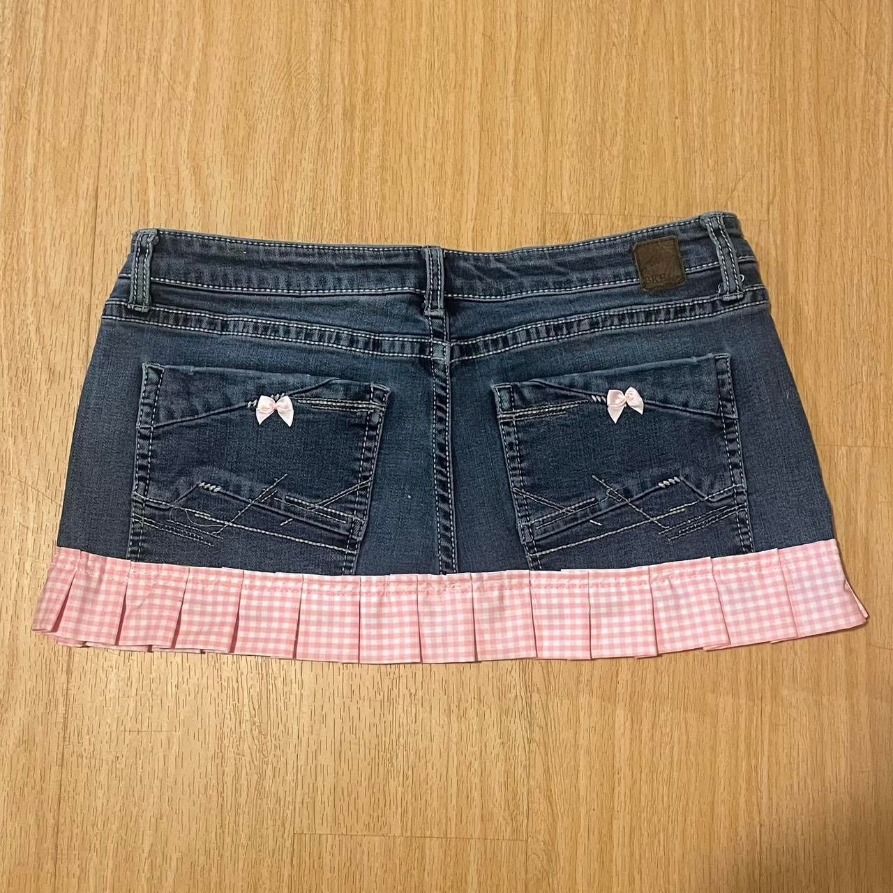 ୨୧ reworked OOAK vintage 2000s pinkaholic princess micro mini denim skirt with lace, charms, baby pink gingham trim and baby pink bows