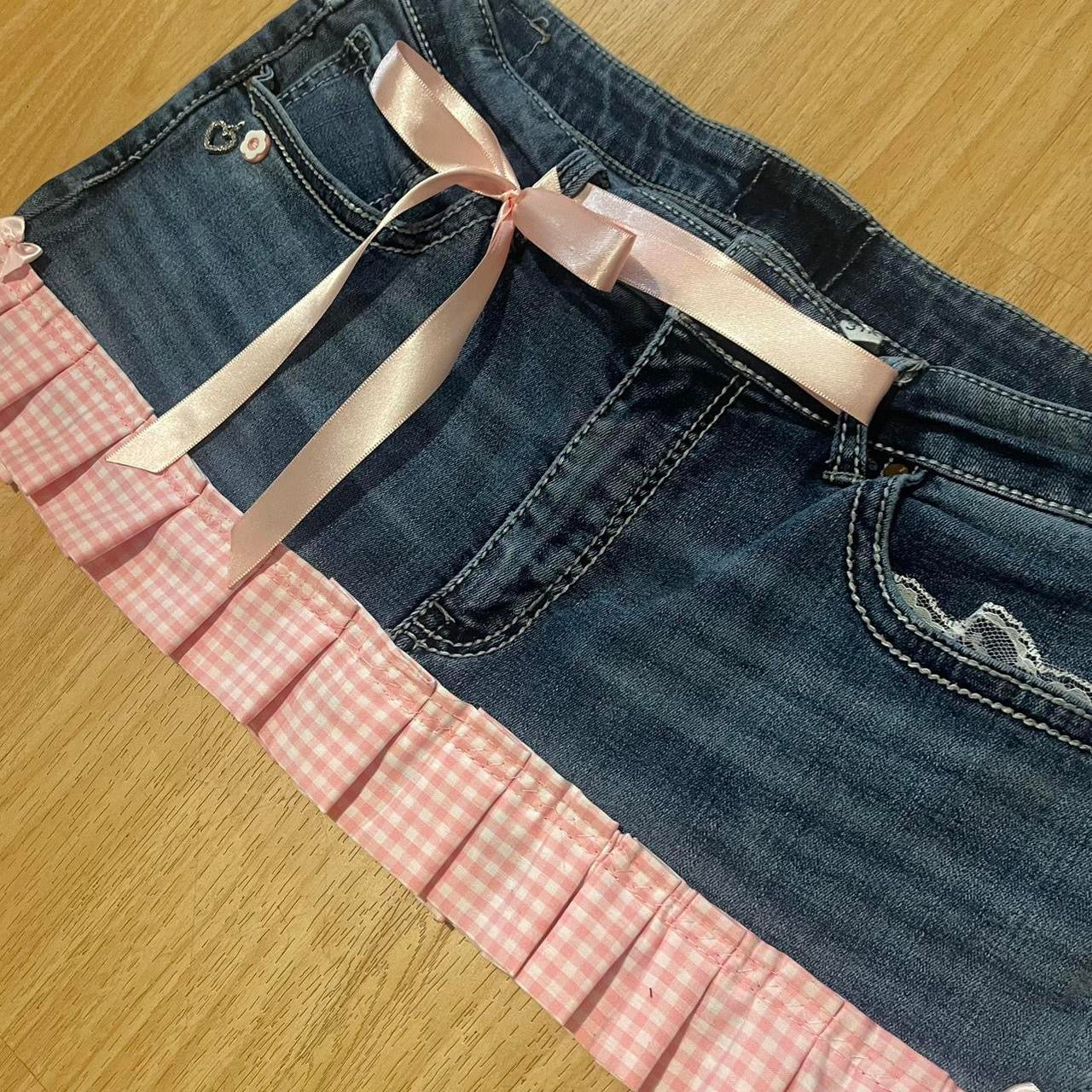 ୨୧ reworked OOAK vintage 2000s pinkaholic princess micro mini denim skirt with lace, charms, baby pink gingham trim and baby pink bows