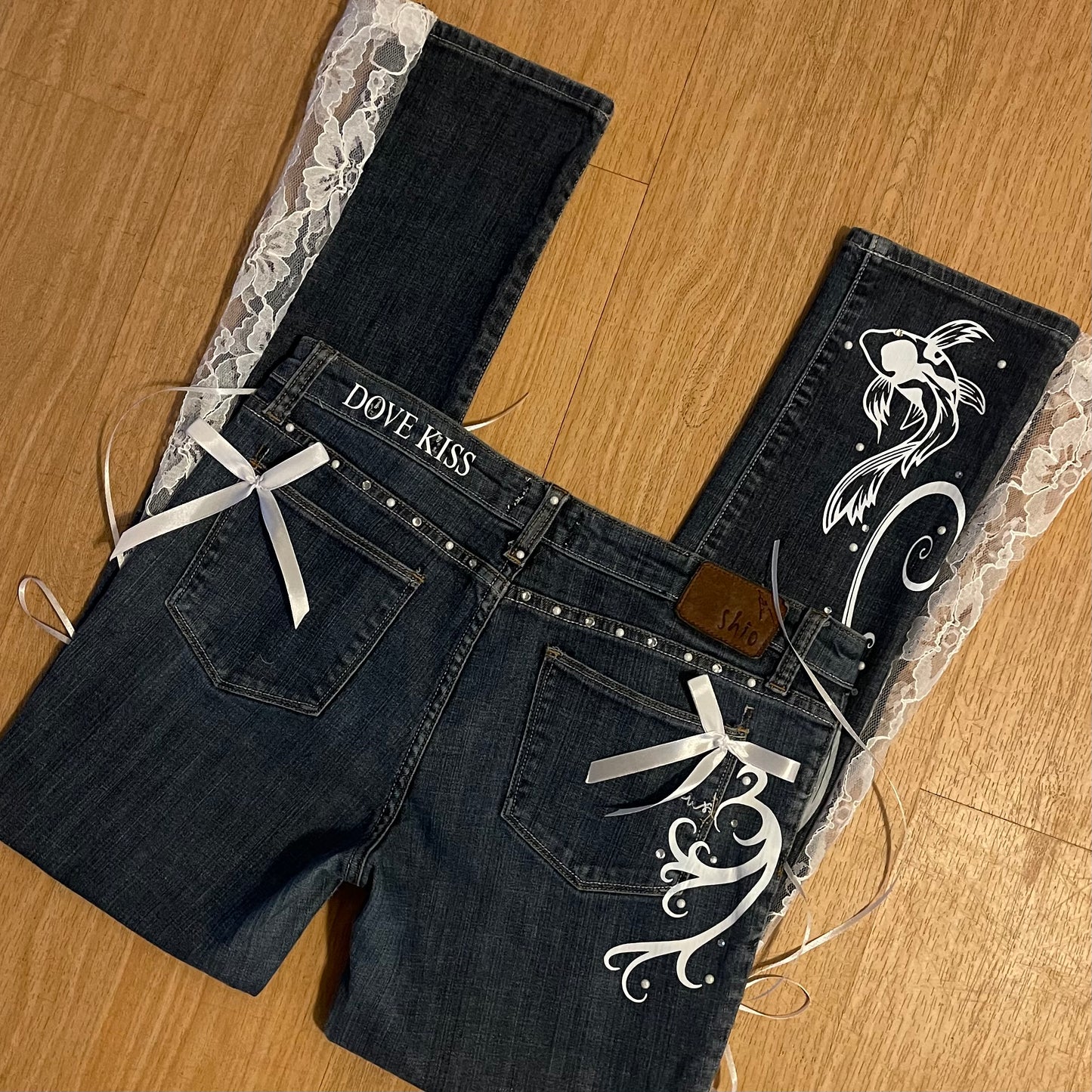 “Lace & Koi Tide” 2000s OOAK flare jeans