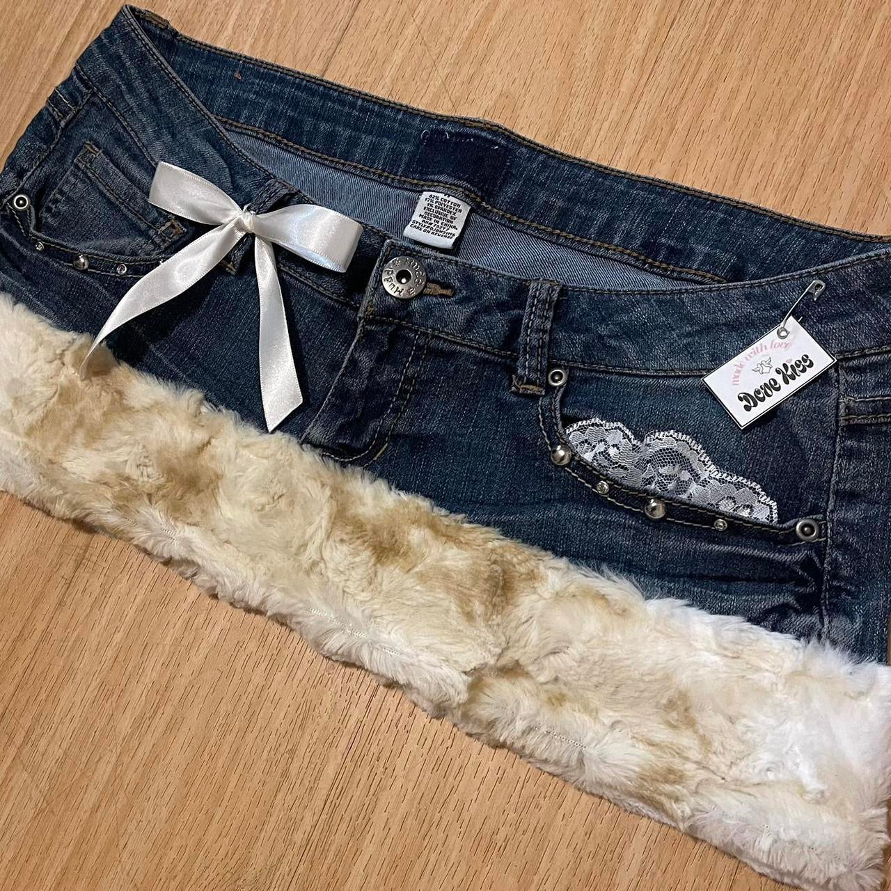 reworked OOAK 2000s angel princess micro mini fur trim skirt with partial inner fur lining, studs, rhinestones, lace, & ribbons ୨୧