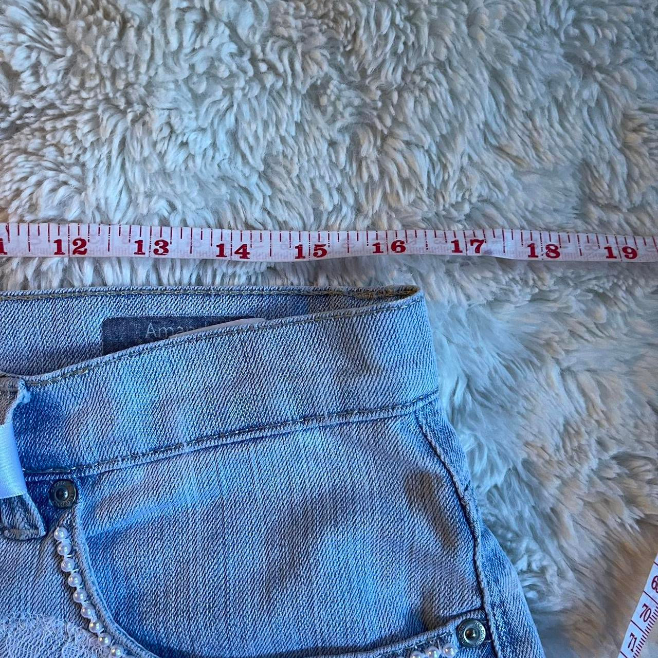 ୨୧ reworked OOAK 2000s sweetheart light wash mini skirt with hand sewn pearls, lace trim & white bows