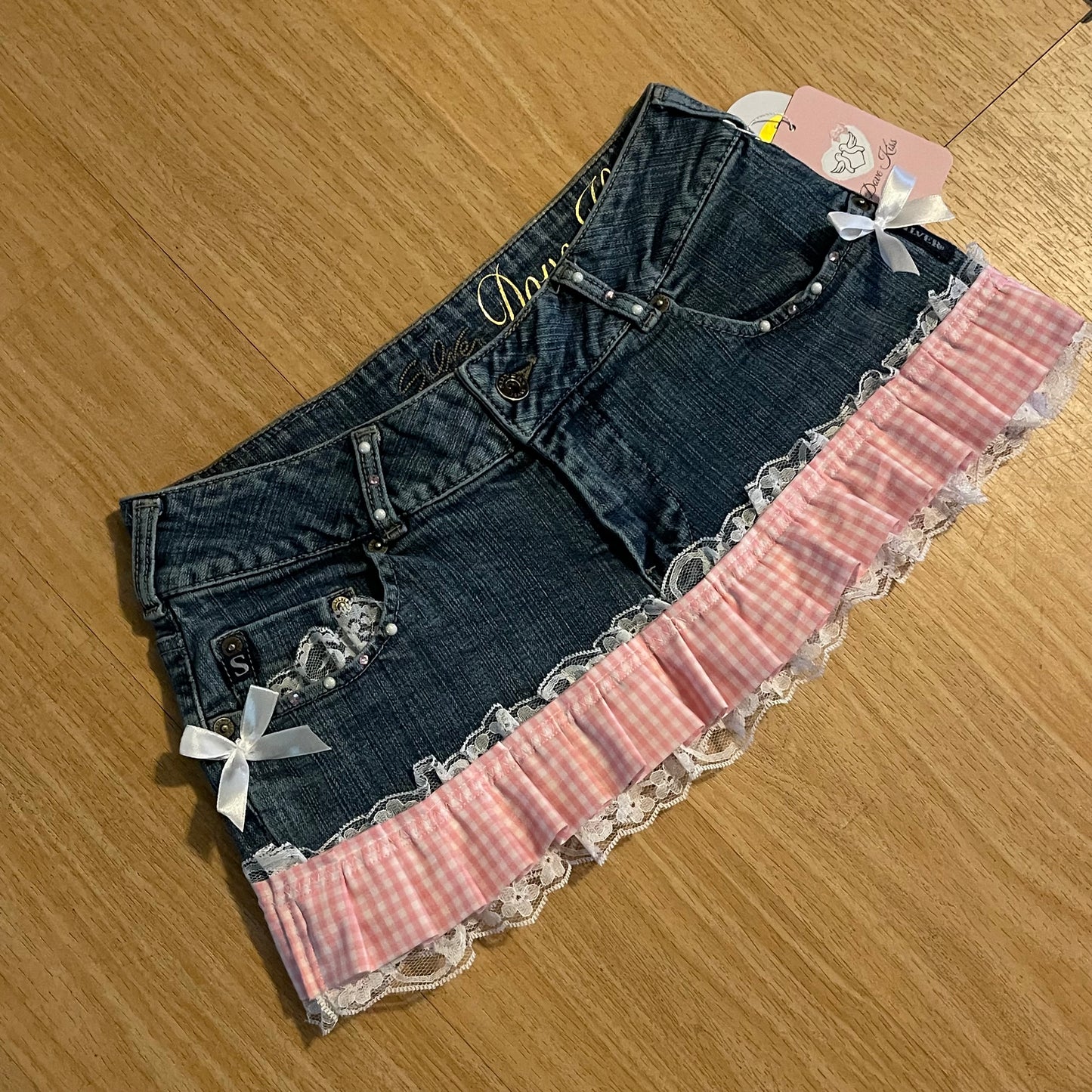 Reworked/Upcycled Diva Country Coquette Mini Skirt (with lace & embellishments)