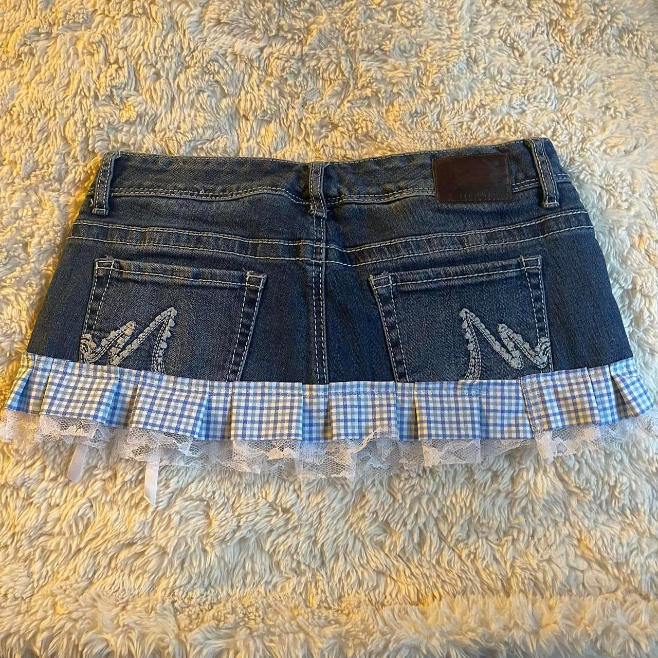 ୨୧ reworked OOAK vintage micro mini denim skirt with gingham baby blue trim, lace ruffles, buttons, and bow details