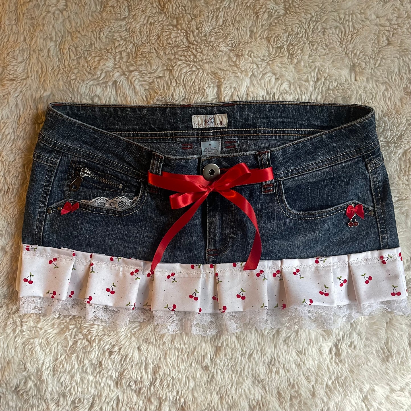 ୨୧ reworked OOAK y2k cherry bomb princess vintage mini denim skirt cherry charm, lace trim, lace & bows