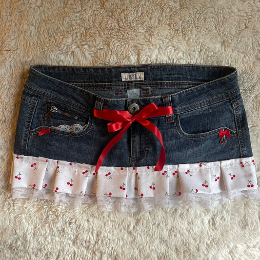 ୨୧ reworked OOAK y2k cherry bomb princess vintage mini denim skirt cherry charm, lace trim, lace & bows