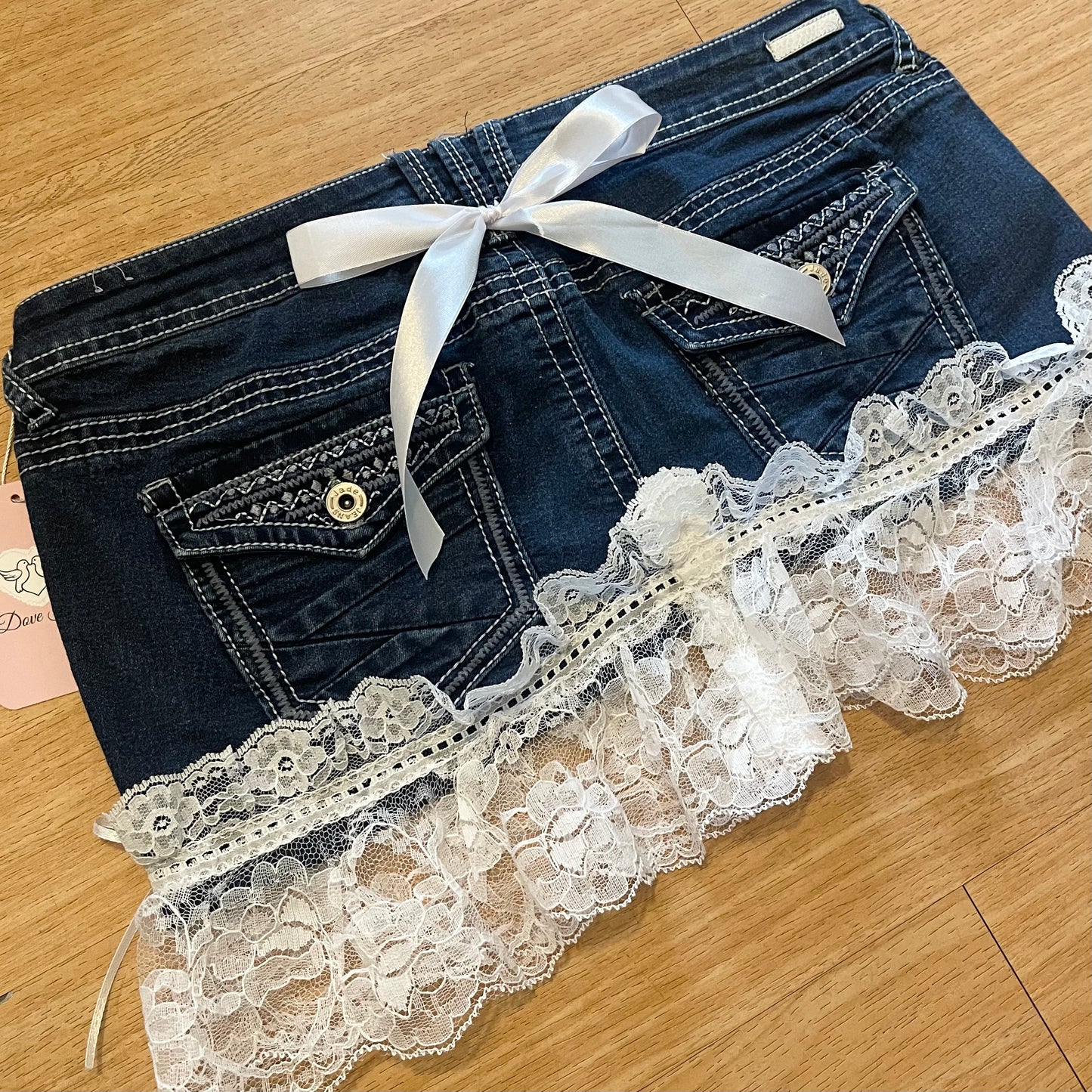 OOAK 2000s Reworked/Upcycled Mini Skirt (with lace & embellishments)