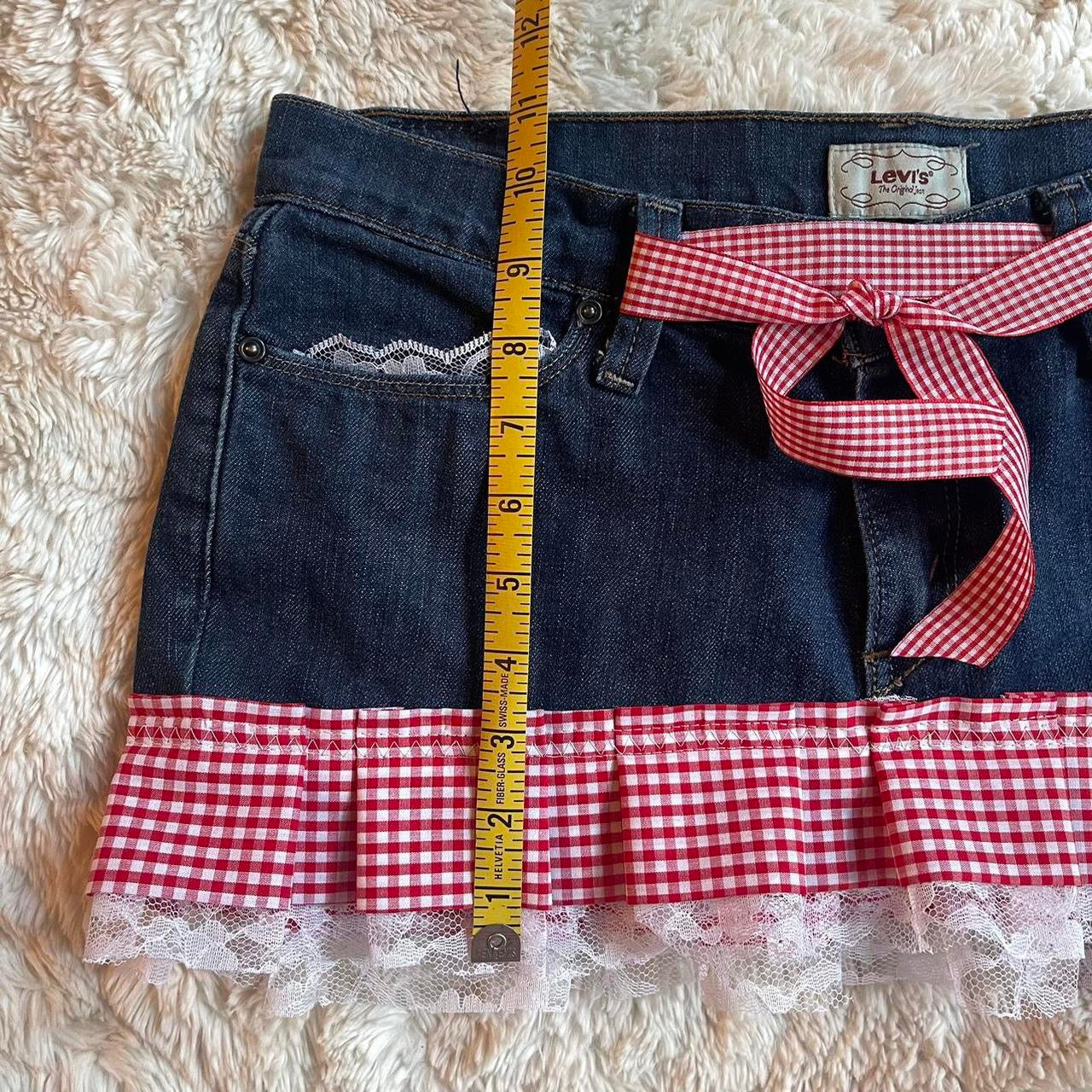 ୨୧ reworked OOAK y2k vintage mini denim skirt with red gingham pleats with lace trim, lace & bows