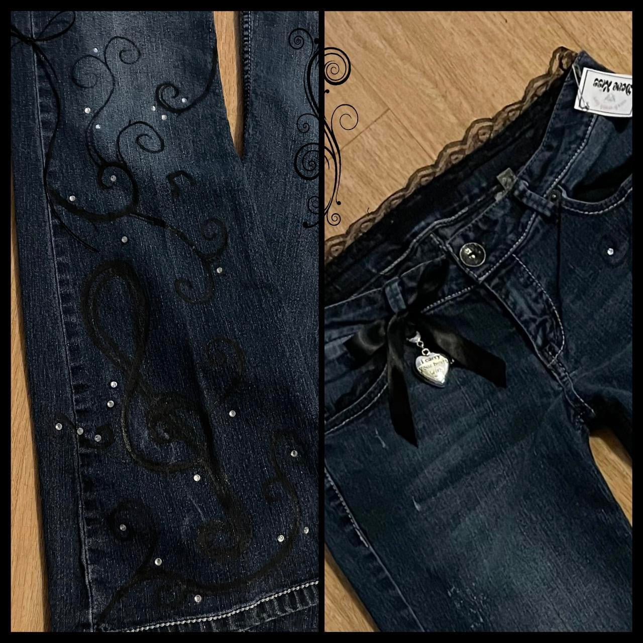 ୨୧ reworked y2k “Princess Elise” by Dove Kiss OOAK black ribbon flare jeans