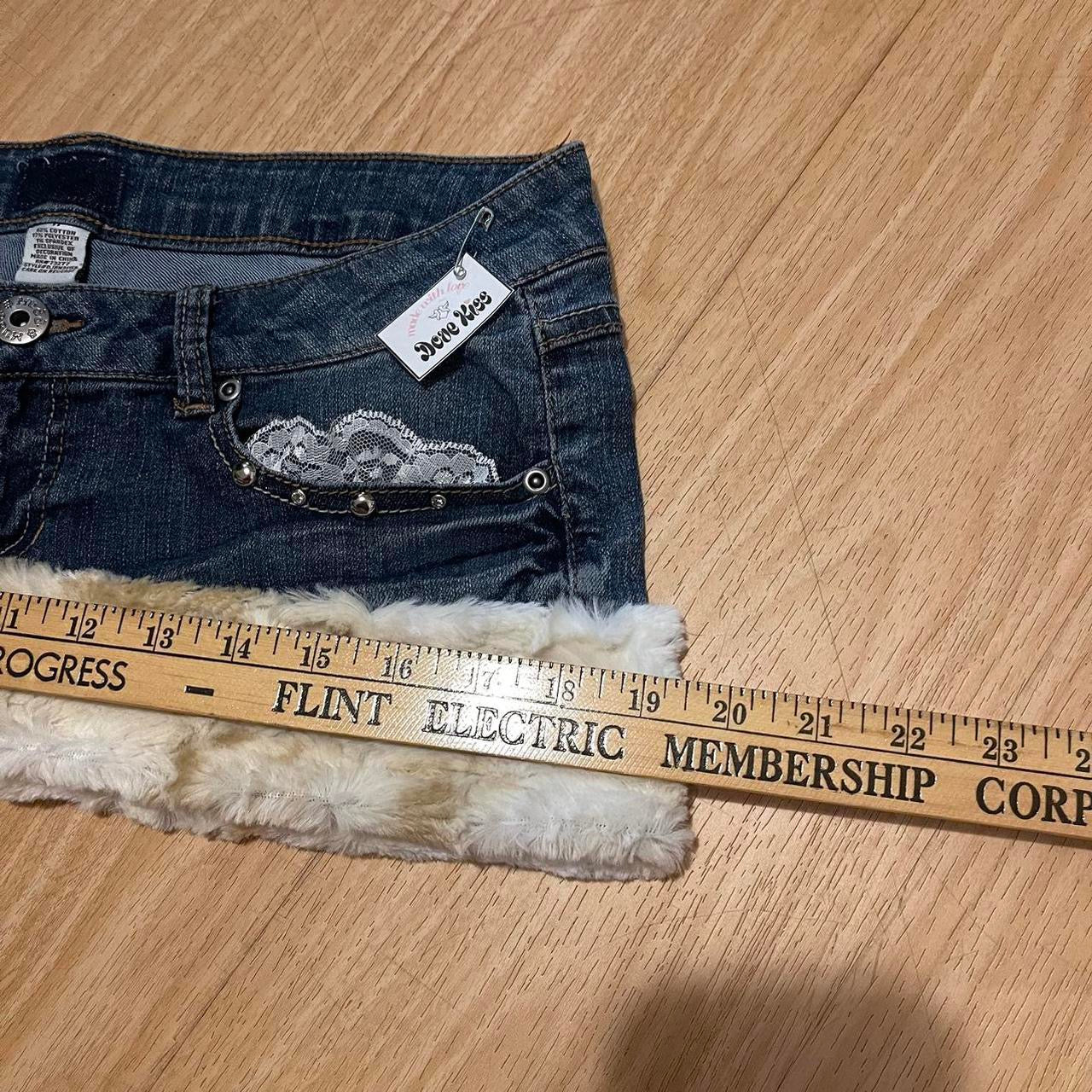 reworked OOAK 2000s angel princess micro mini fur trim skirt with partial inner fur lining, studs, rhinestones, lace, & ribbons ୨୧