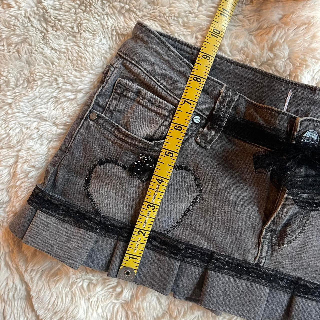 ୨୧ reworked OOAK 2000s sweetheart denim micro gray mini skirt with dice charms, lace trim & black silky bows