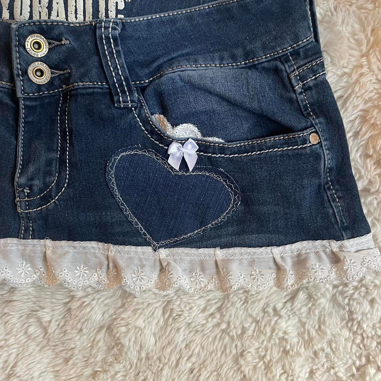 reworked OOAK 2000s “sweetheart” extreme denim micro mini skirt with lace trim, heart patches & bows
